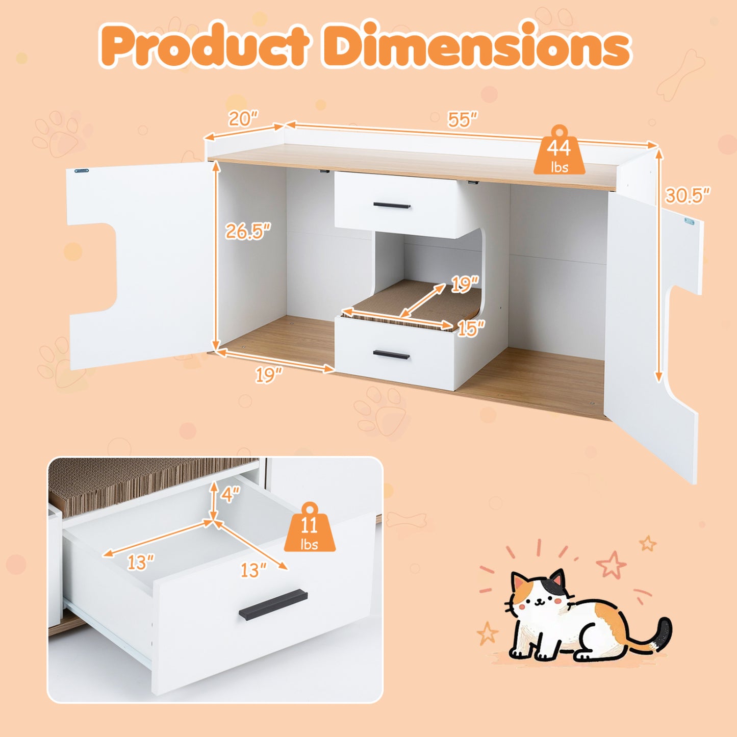 Wooden hidden cat house cabinet with wide countertop, two drawers, and doors, in natural wood finish, for pet cats.