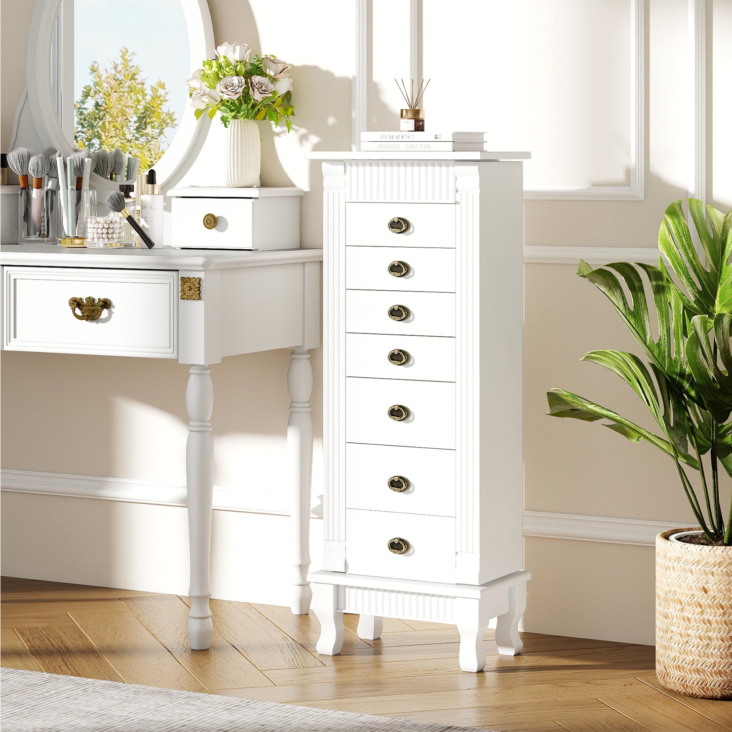 Wooden Jewelry Armoire Cabinet Storage Chest with Drawers and Swing Doors-Black