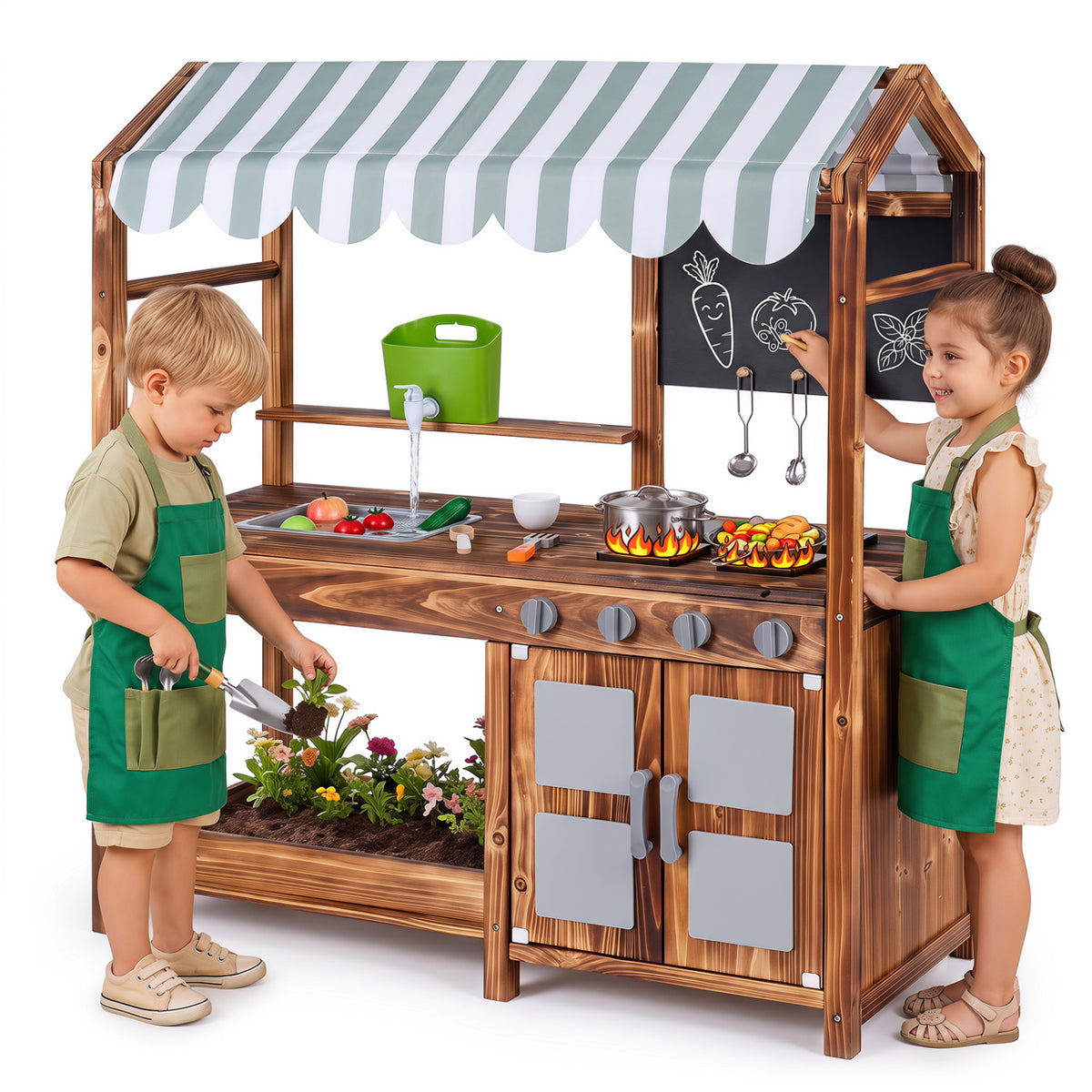 Wooden Kids Mud Kitchen with 8 Accessories and 2-Sided Chalkboard for Boys Girls Ages 3+-Brown