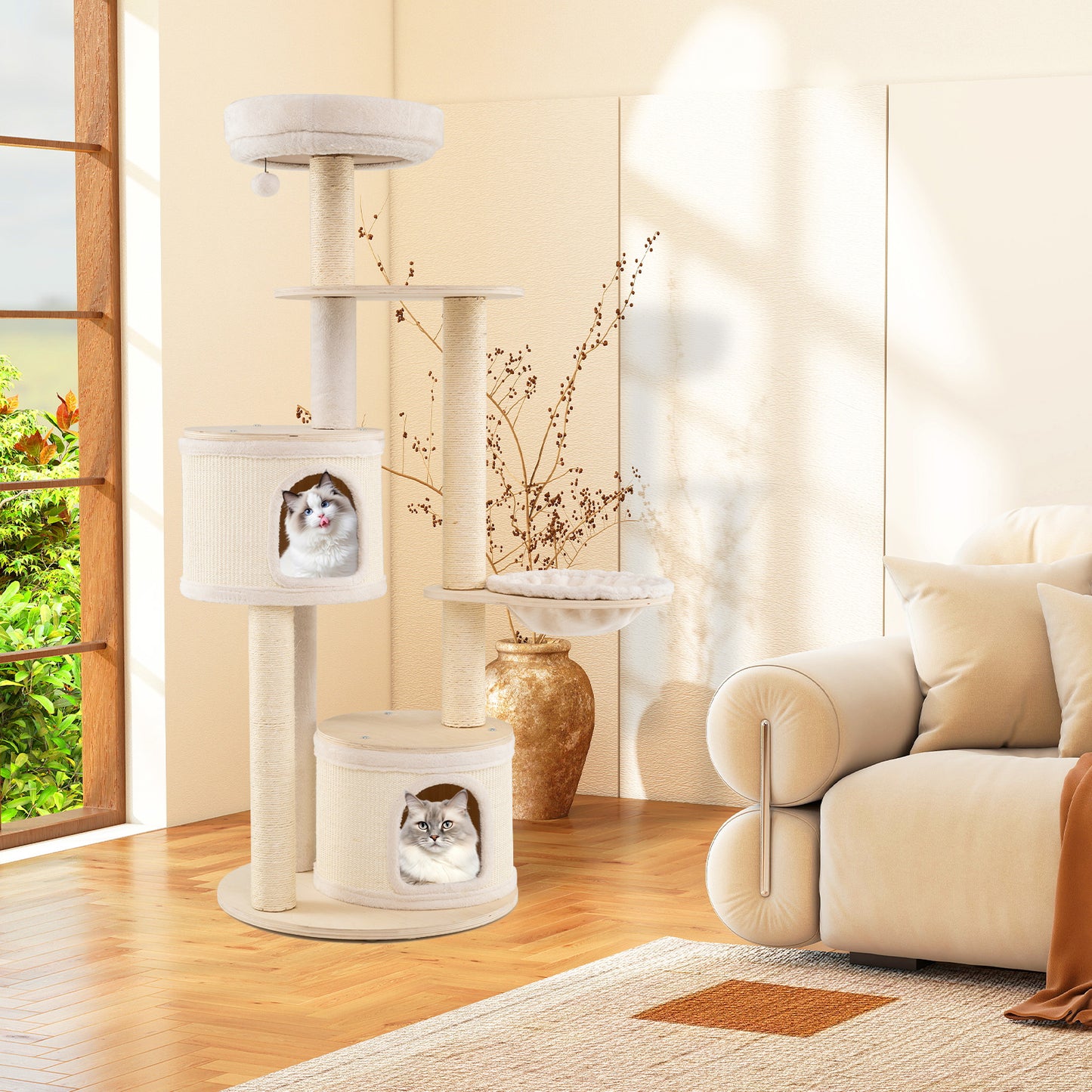 Wooden Kitten Tower with Sisal Scratching Posts and 2 Condos-NA