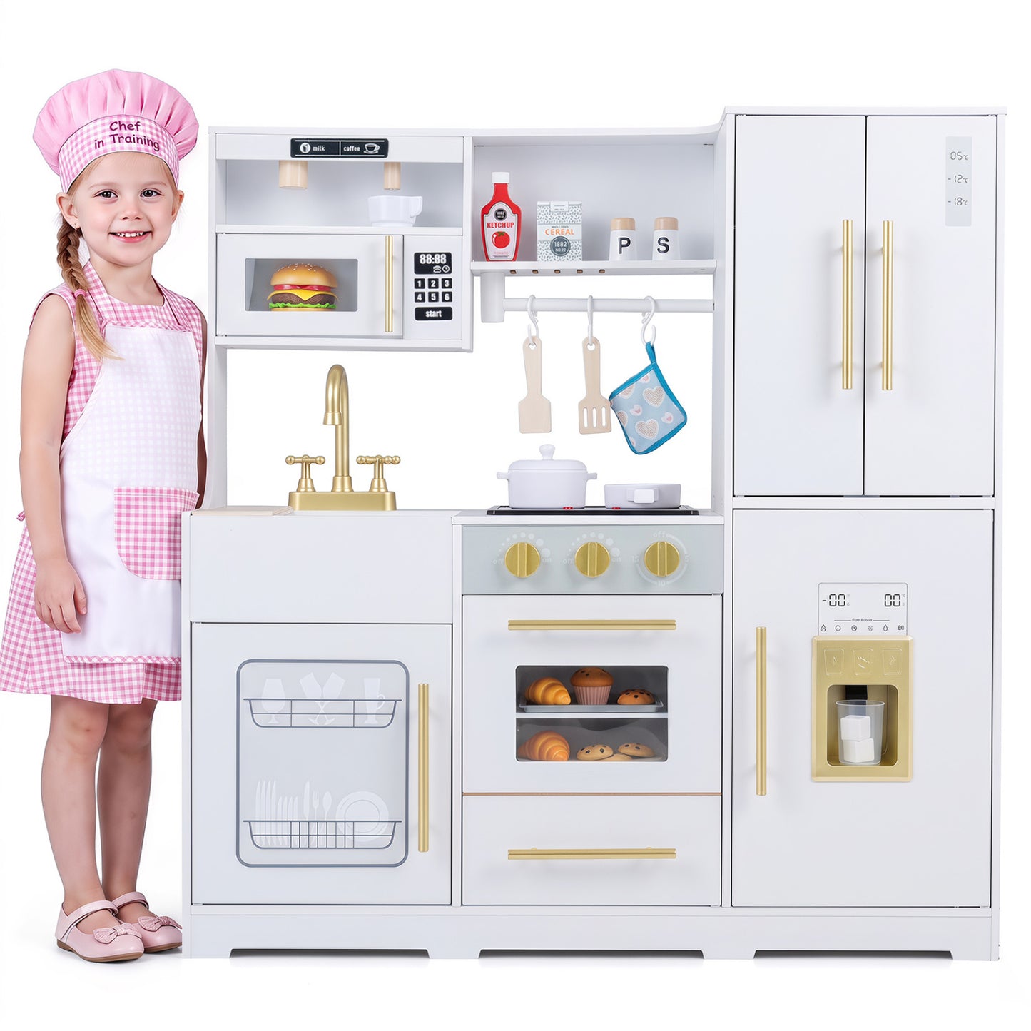 Wooden Play Kitchen with Lights & Sounds and Sink Stove Oven for Kids Ages 3+-Pink