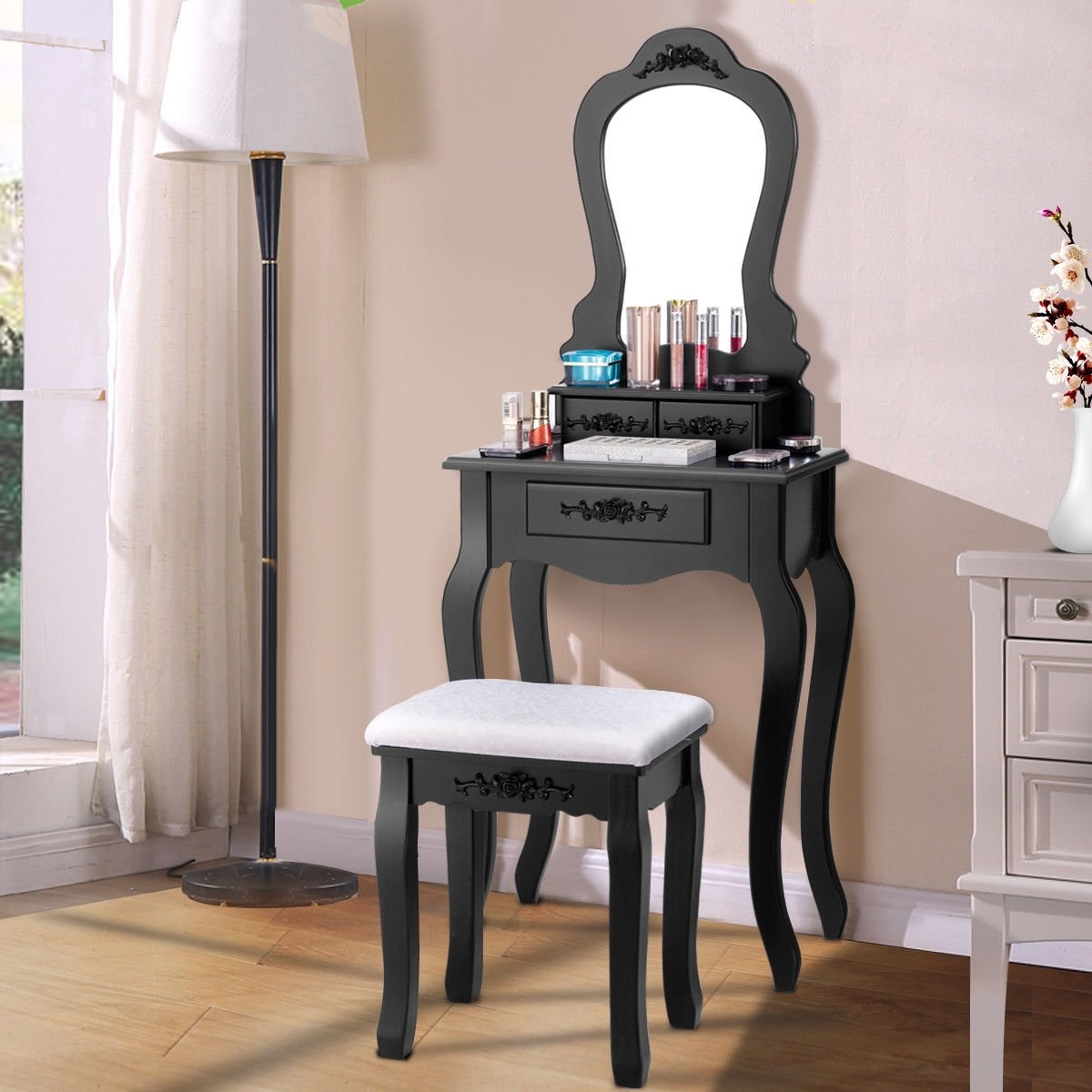 Makeup Dressing Table and Bench 3 Drawers and Cushioned Stool for Girls-Black