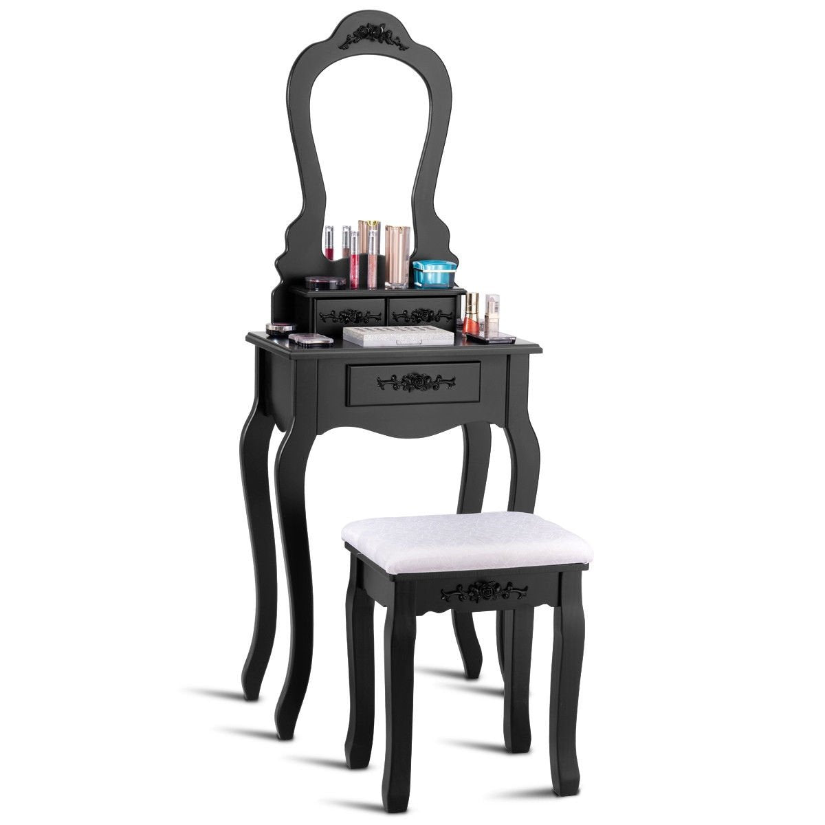 Makeup Dressing Table and Bench 3 Drawers and Cushioned Stool for Girls-Black