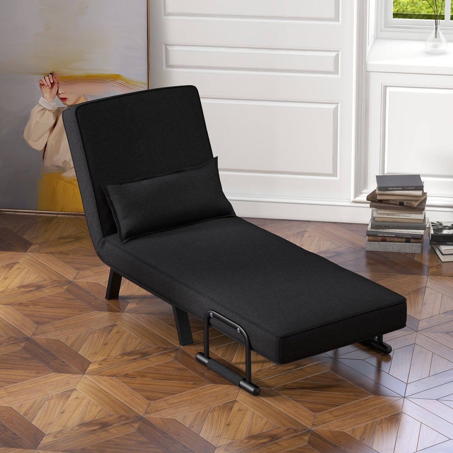 Folding 6 Position Convertible Sleeper Bed Armchair Lounge Couch with Pillow-Black