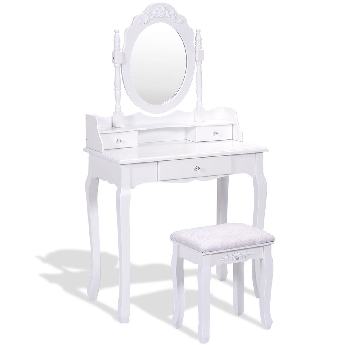 Vanity Table Set with Cushioned Stool with 360° Rotating Oval Mirror and Three Drawers-White - Direct by Wilsons Home Store