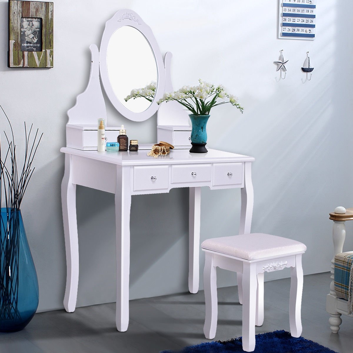 Wooden Vanity Set with 360° Rotating Oval Mirror and Cushioned Stool-Black