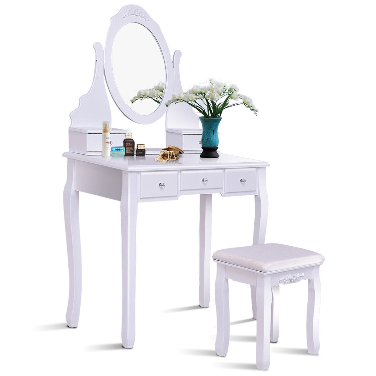 Wooden Vanity Set with 360° Rotating Oval Mirror and Cushioned Stool-Black