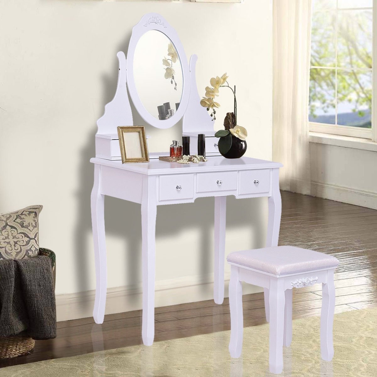 Wooden Vanity Set with 360° Rotating Oval Mirror and Cushioned Stool-Black
