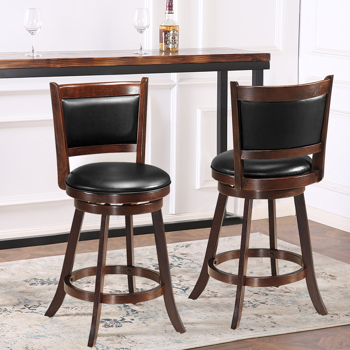 2 Pieces 24 Inch Swivel Counter Stool Dining Chair Upholstered Seat-Dark Brown