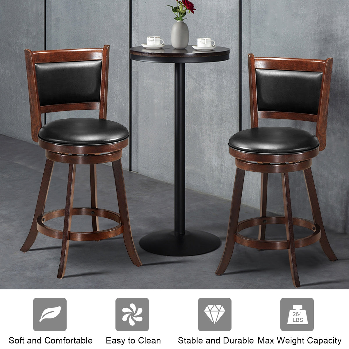 2 Pieces 24 Inch Swivel Counter Stool Dining Chair Upholstered Seat-Dark Brown