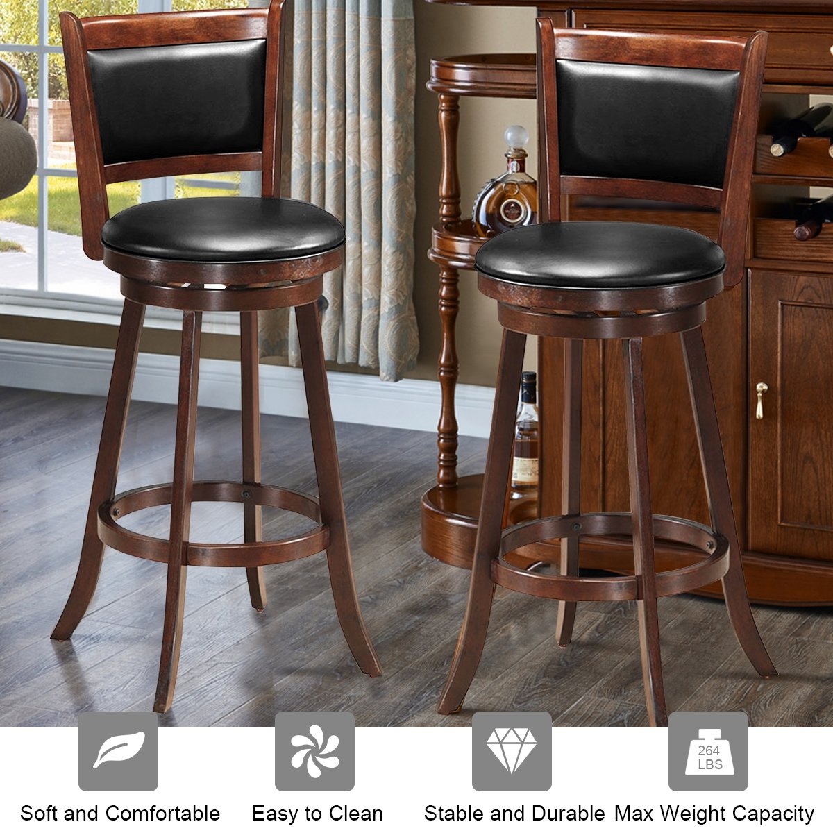 Set of 2 29 Inch Swivel Bar Height Stool Wood Dining Chair Barstool-Black