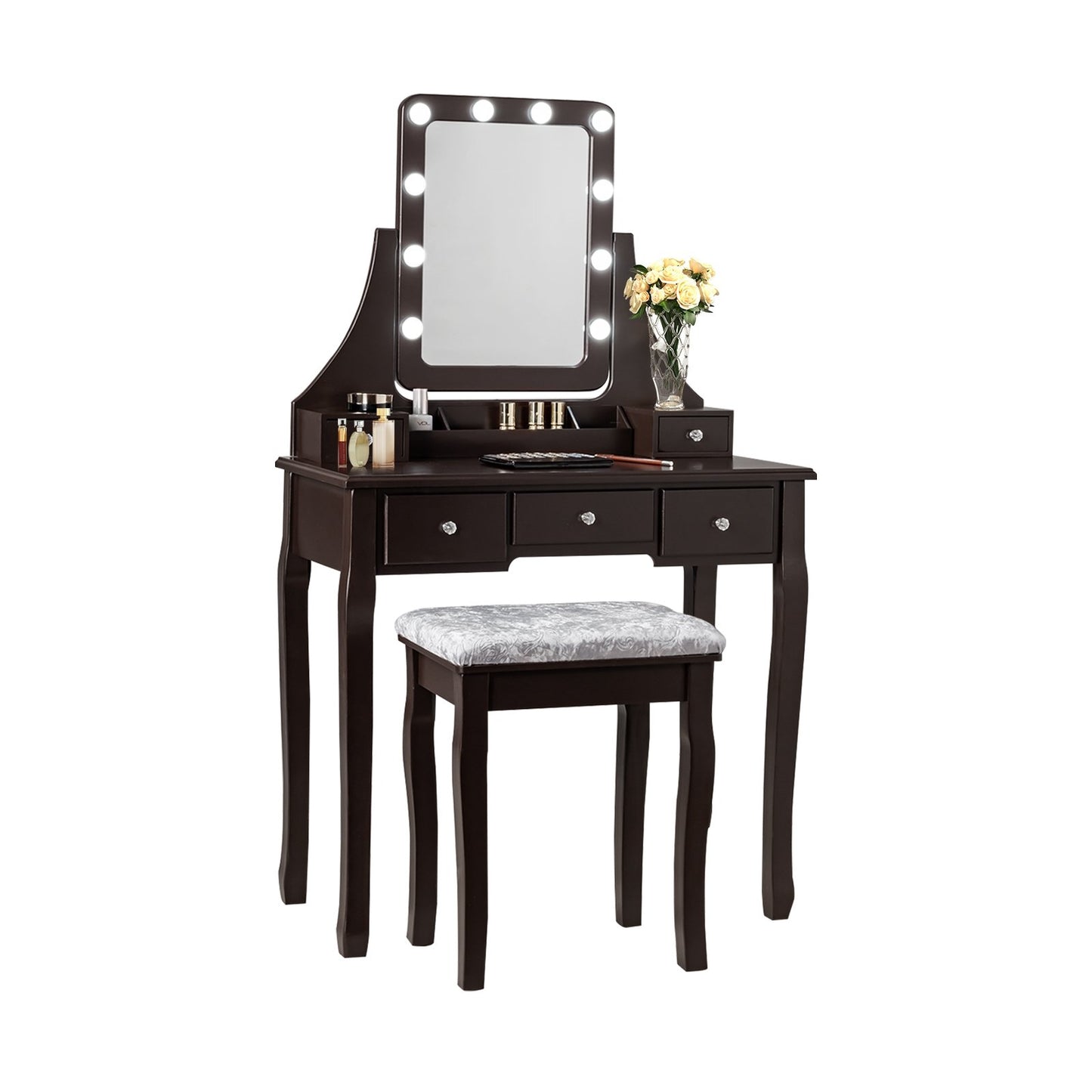 Vanity Dressing Table Set with 10 Dimmable Bulbs and Cushioned Stool-Black
