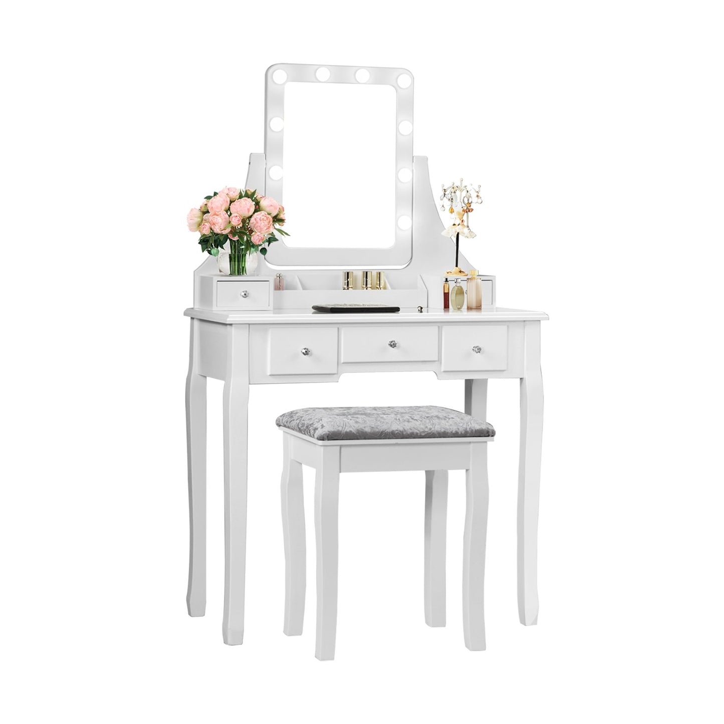 Vanity Dressing Table Set with 10 Dimmable Bulbs and Cushioned Stool-Black