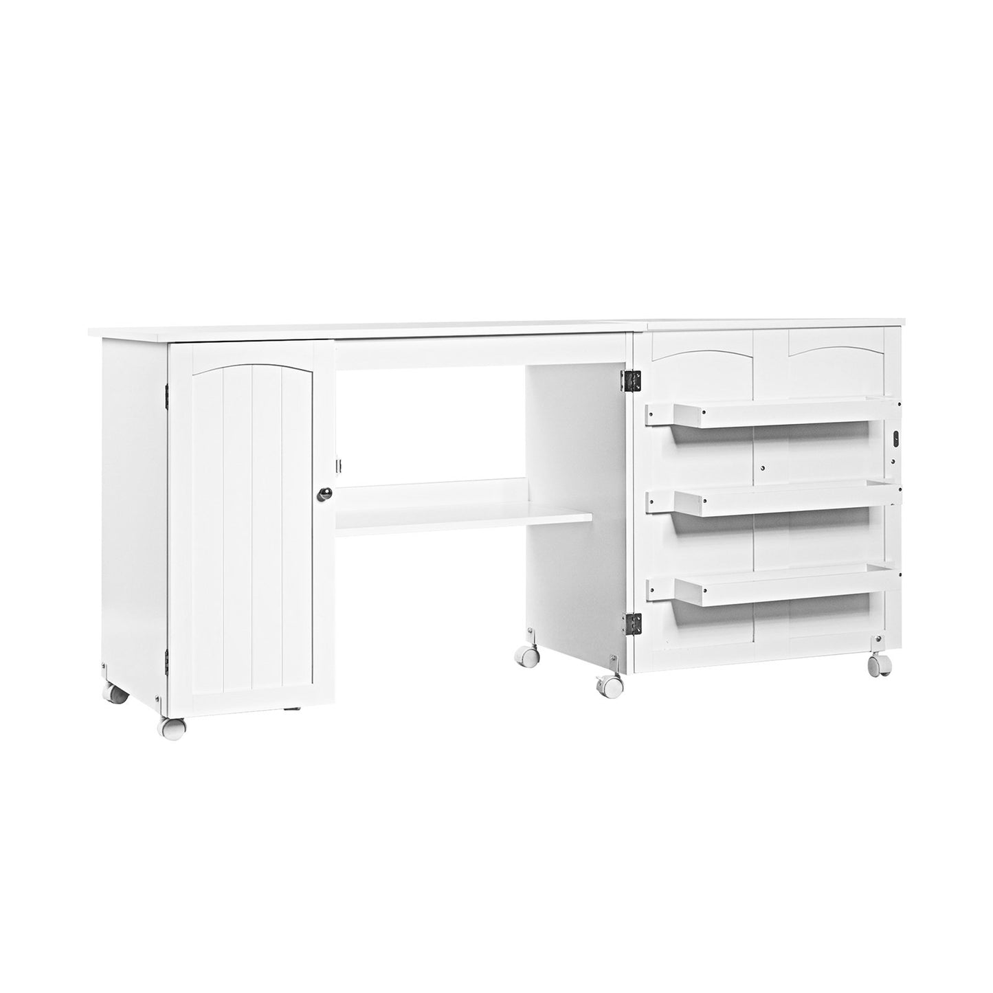 Folding Sewing Table Shelves Storage Cabinet Craft Cart with Wheels-Natural