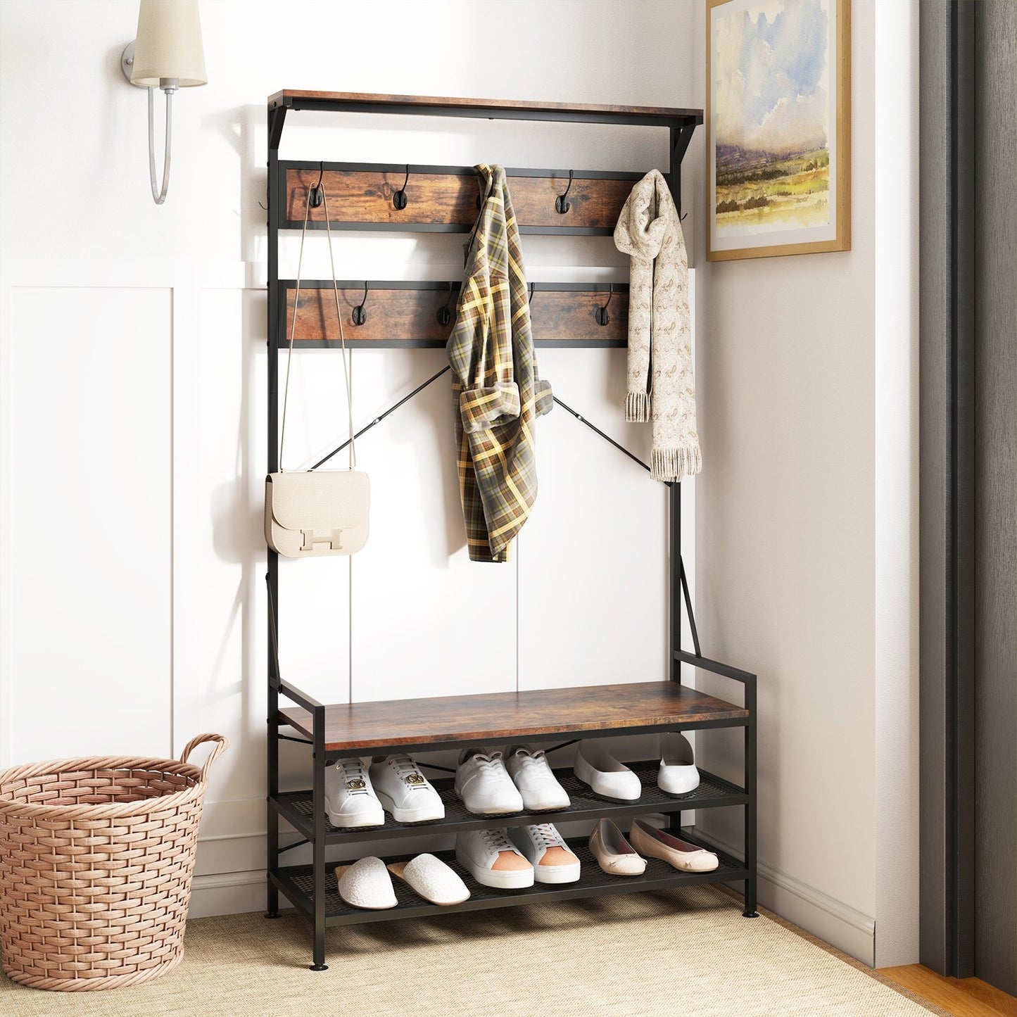 Coat Rack 4-In-1 Hall Tree with 11 Hanging Hooks Shoe Bench-Gray