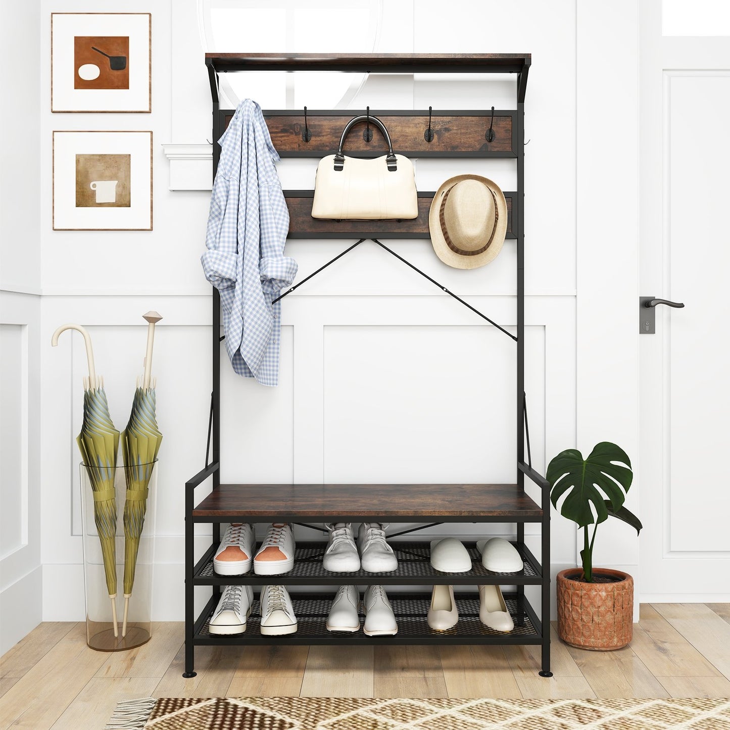 Coat Rack 4-In-1 Hall Tree with 11 Hanging Hooks Shoe Bench-Gray