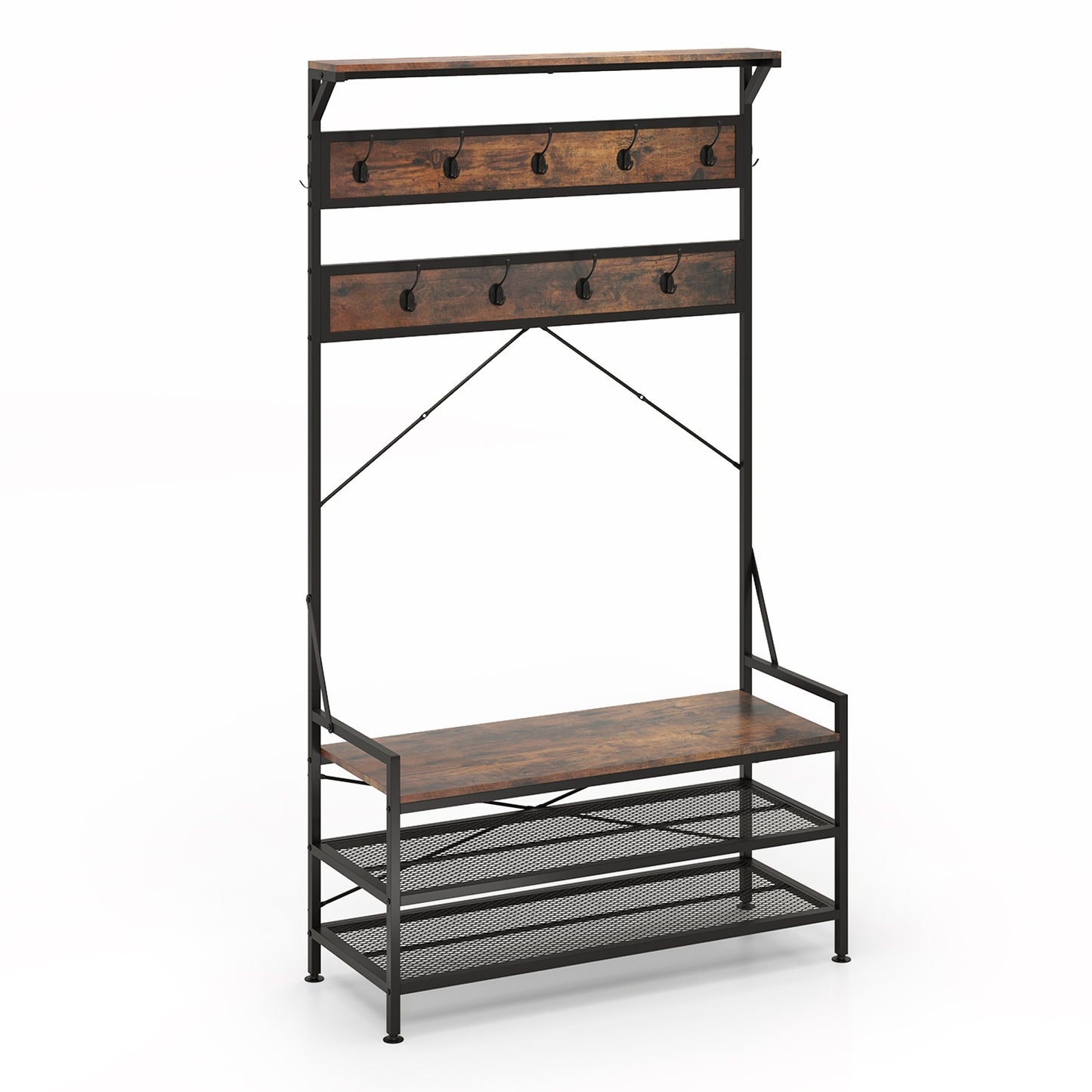 Coat Rack 4-In-1 Hall Tree with 11 Hanging Hooks Shoe Bench-Gray