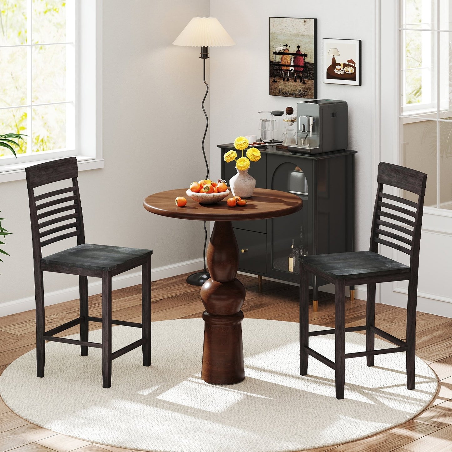 Dining Chair Set of 2 with Footrests and Solid Wood Frame-Gray