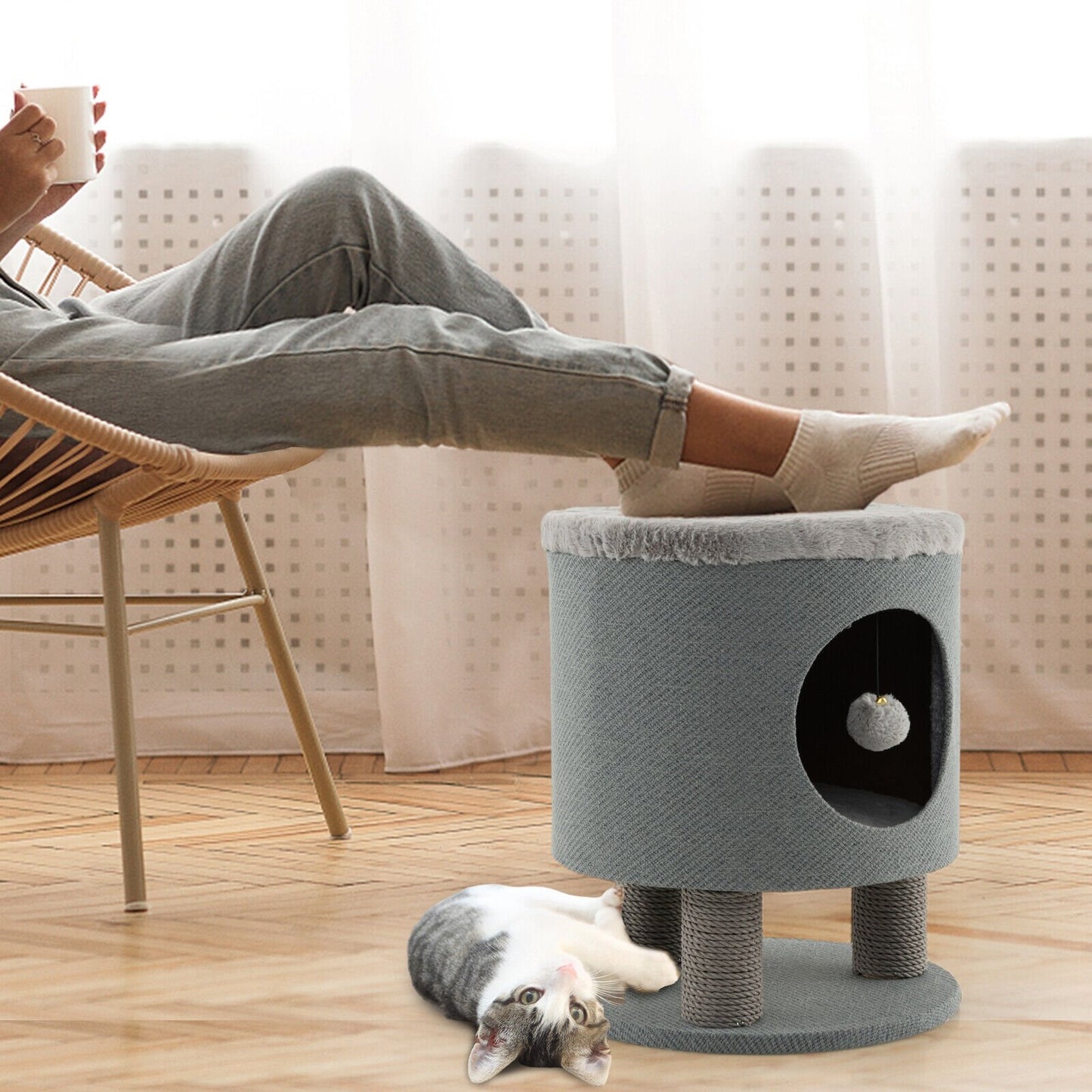 3-in-1 Cat Condo Stool Kitty Bed with Scratching Posts and Plush Ball Toy-Beige