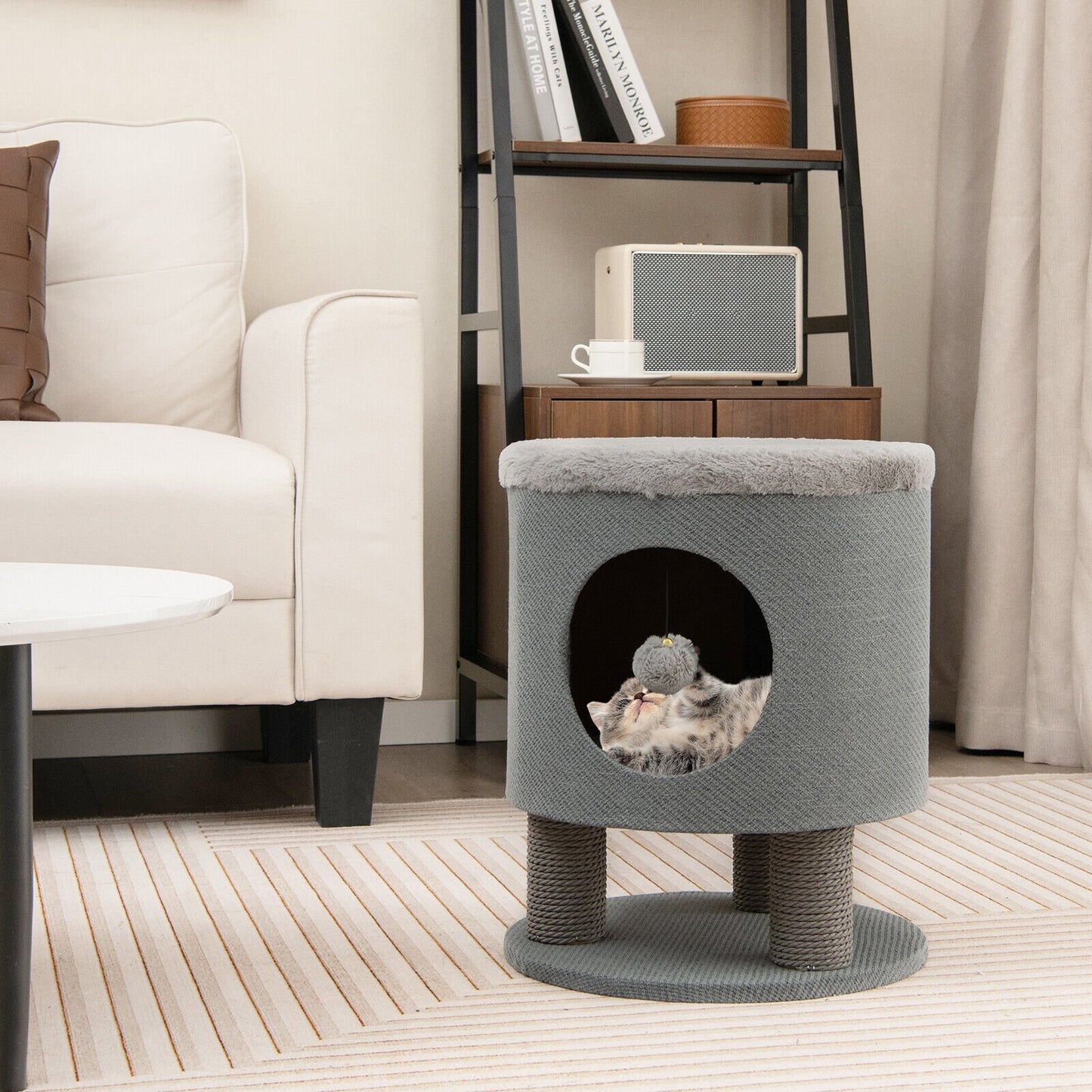 3-in-1 Cat Condo Stool Kitty Bed with Scratching Posts and Plush Ball Toy-Beige