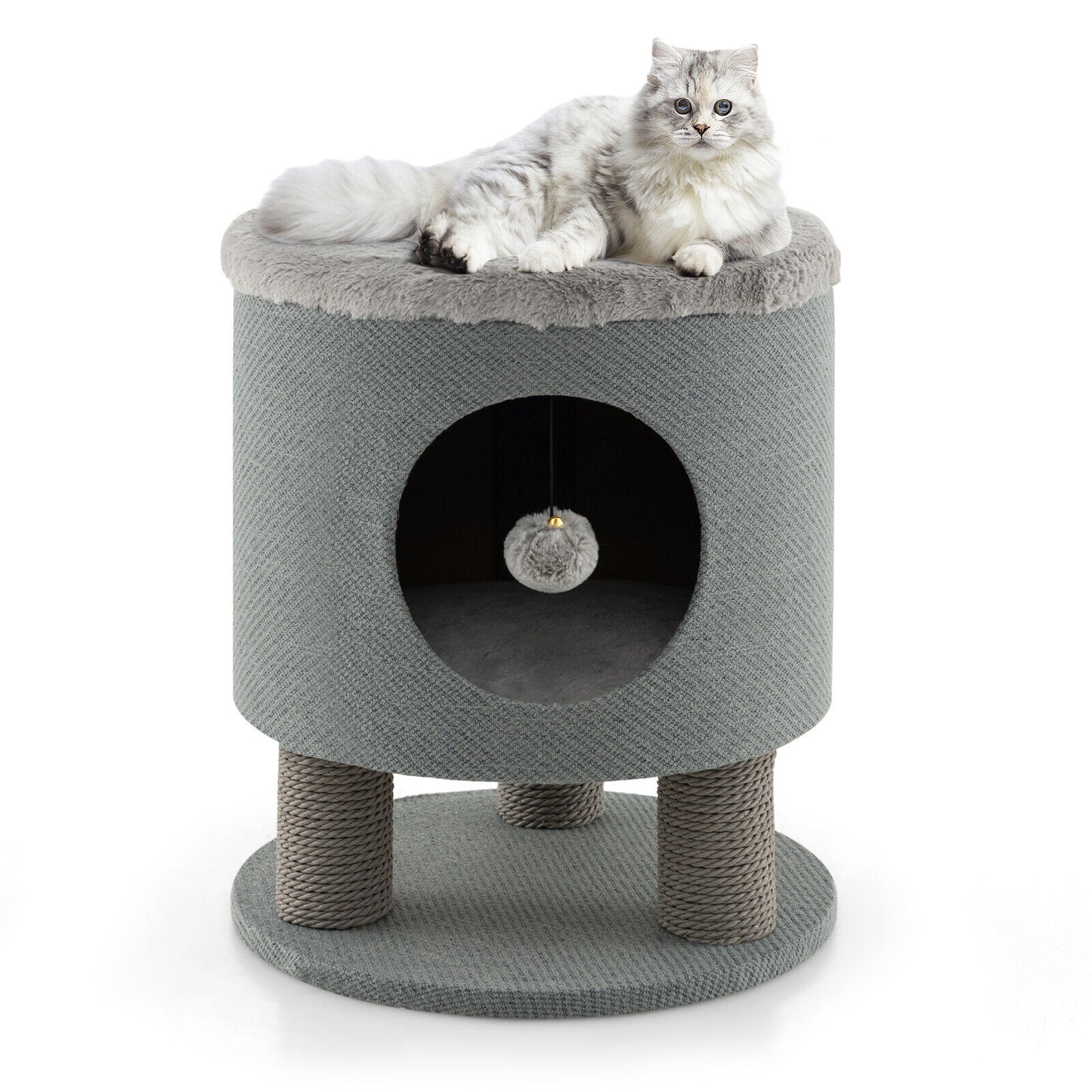 3-in-1 Cat Condo Stool Kitty Bed with Scratching Posts and Plush Ball Toy-Beige