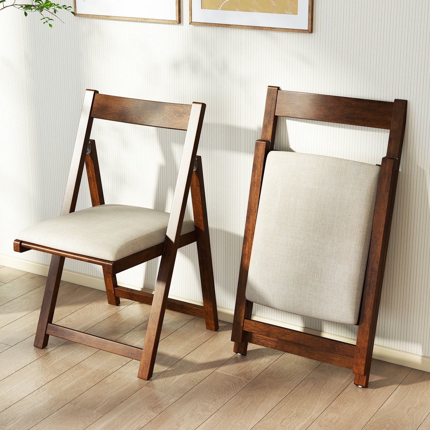Folding Upholstered Dining Chair Set of 4 with Curved Backrest-Beige