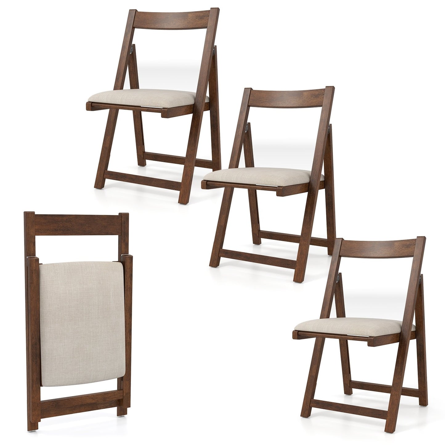 Folding Upholstered Dining Chair Set of 4 with Curved Backrest-Beige