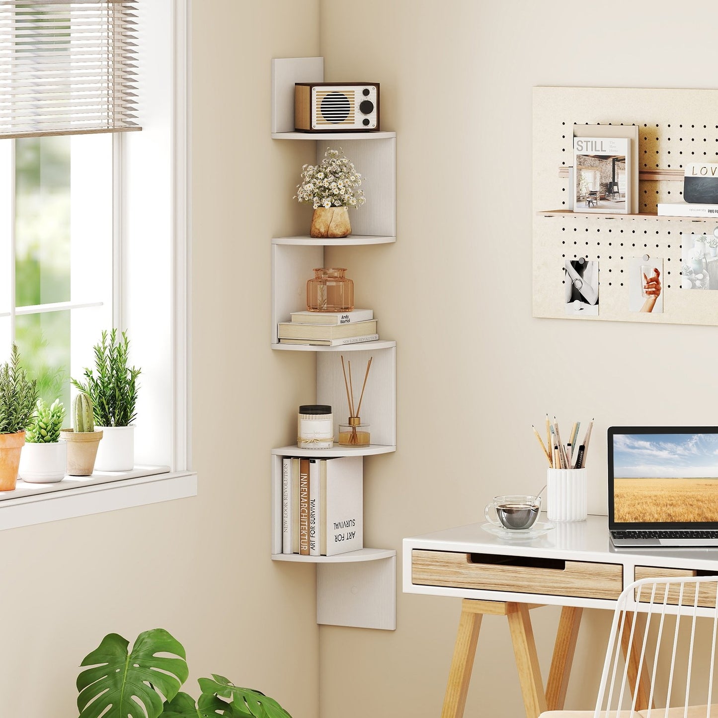 5-Tier Corner Shelf Floating Bookshelf Wall Mounted Storage Organizer-Oak