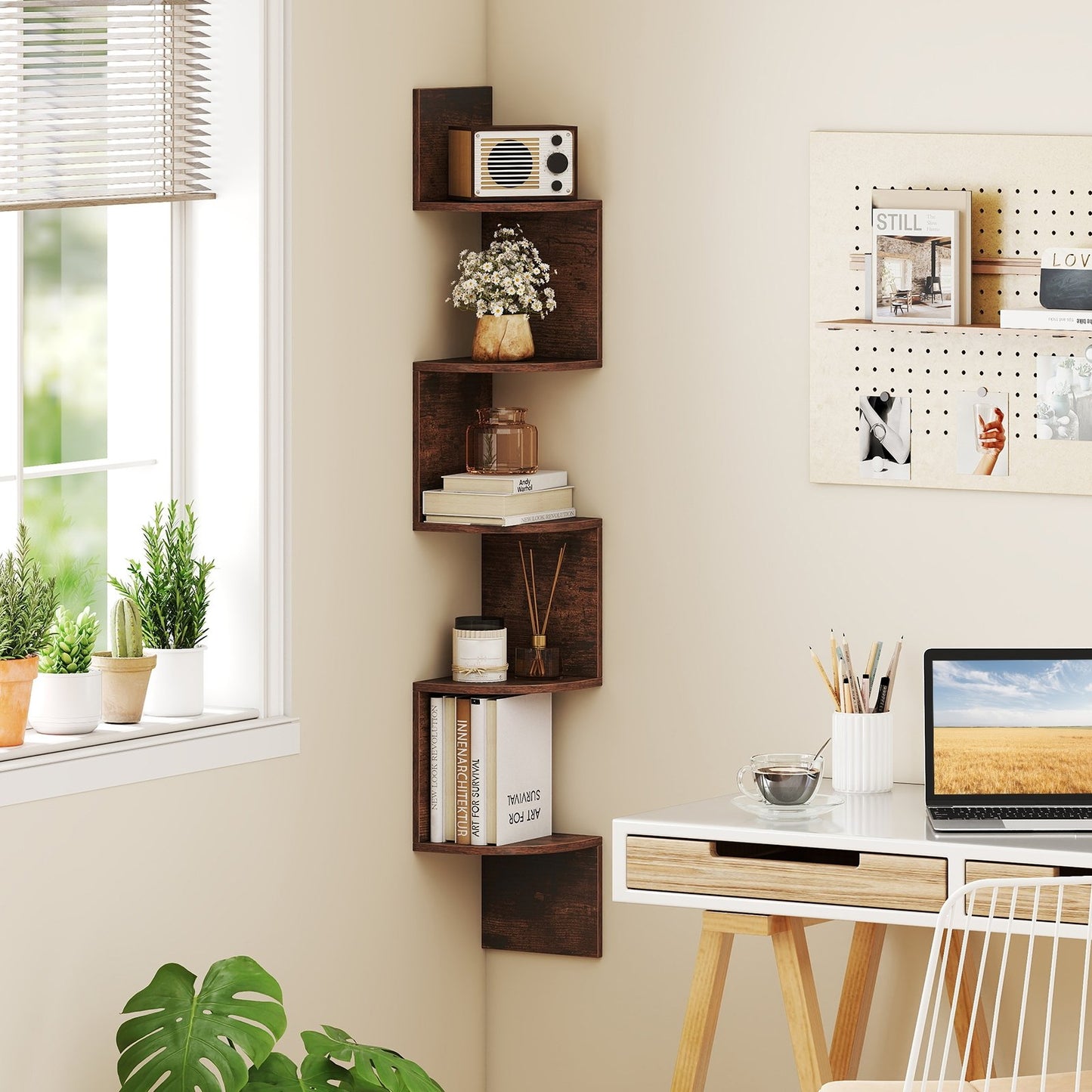 5-Tier Corner Shelf Floating Bookshelf Wall Mounted Storage Organizer-Oak