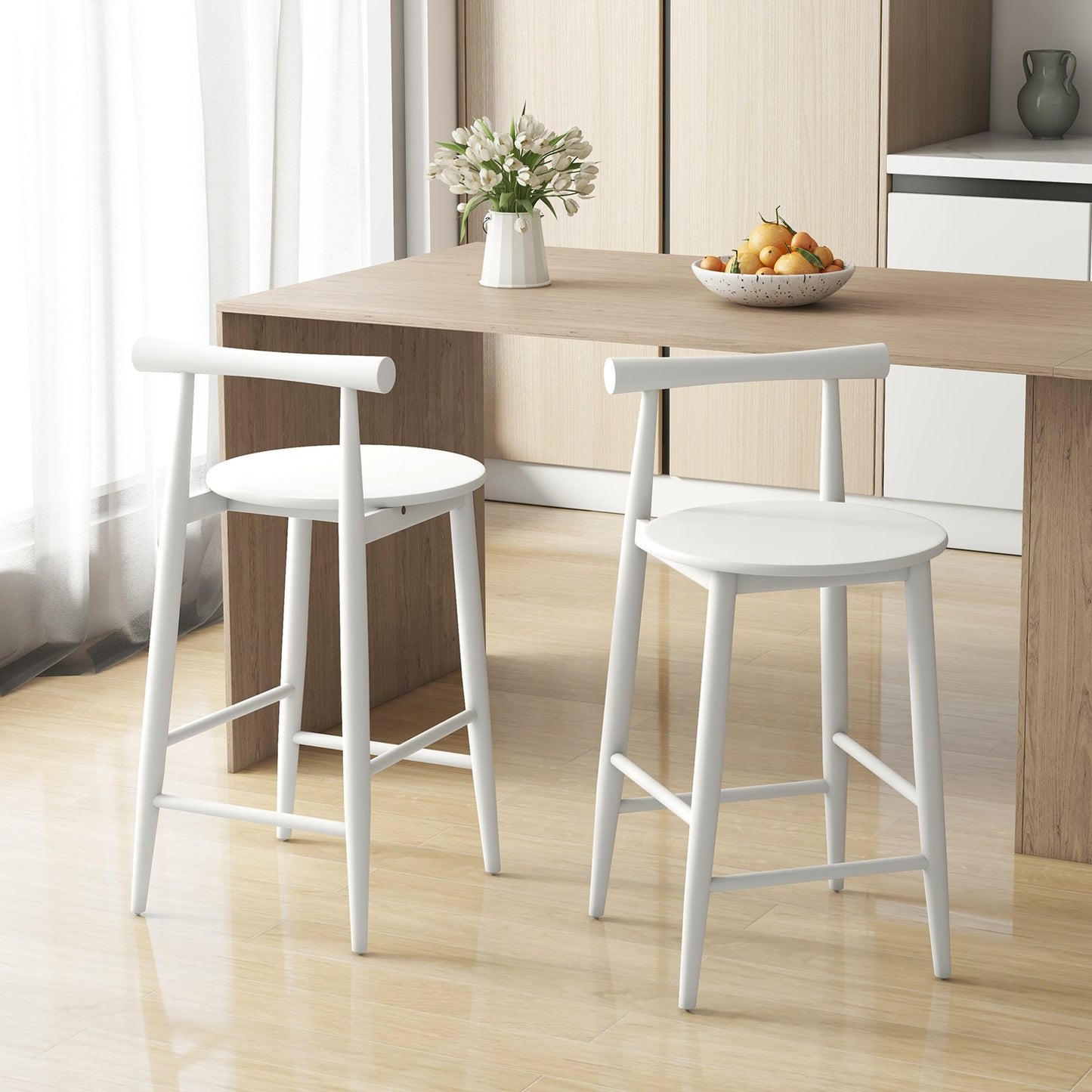 Counter Height Bar Chair Set with Acacia Wood Frame and Supporting Legs-Brown