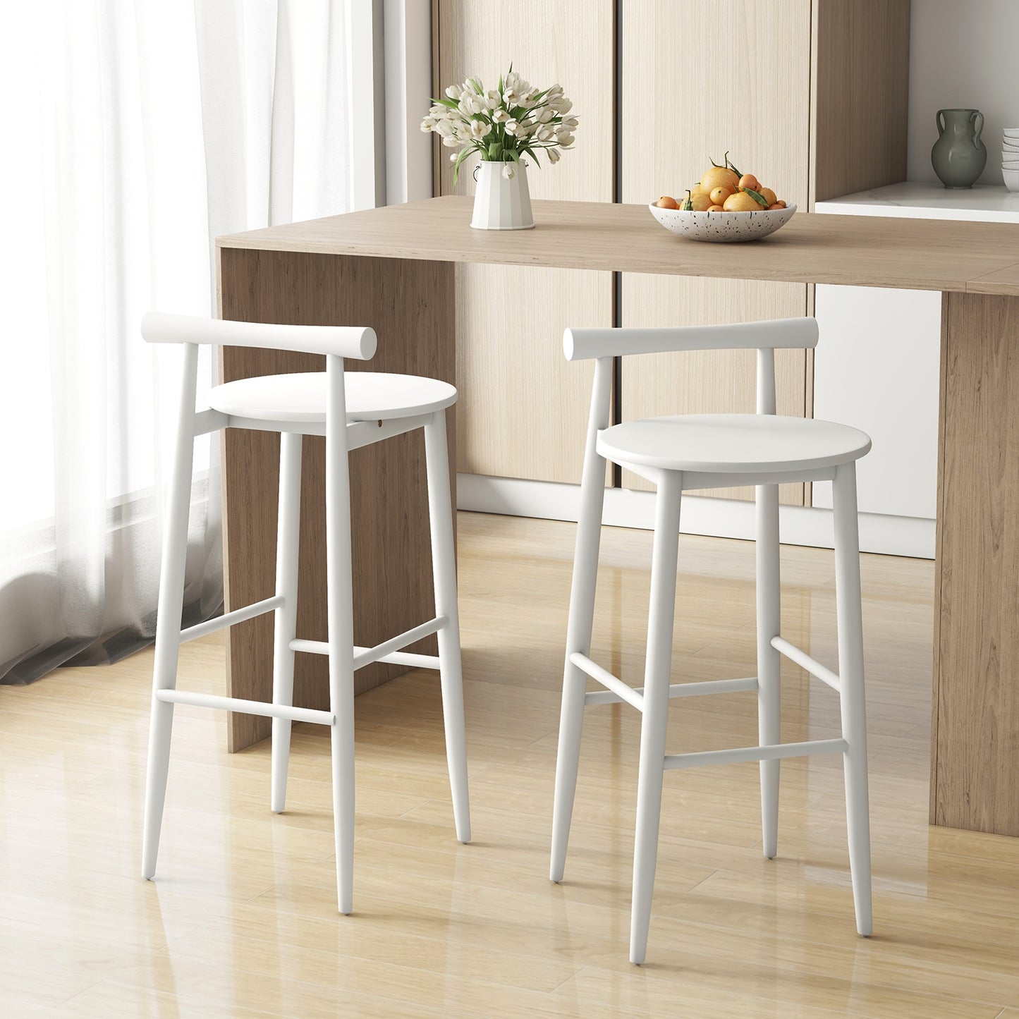 Wooden Bar Chair Set of 2 with Backrest and Footrest for Home Restaurant Cafe-White
