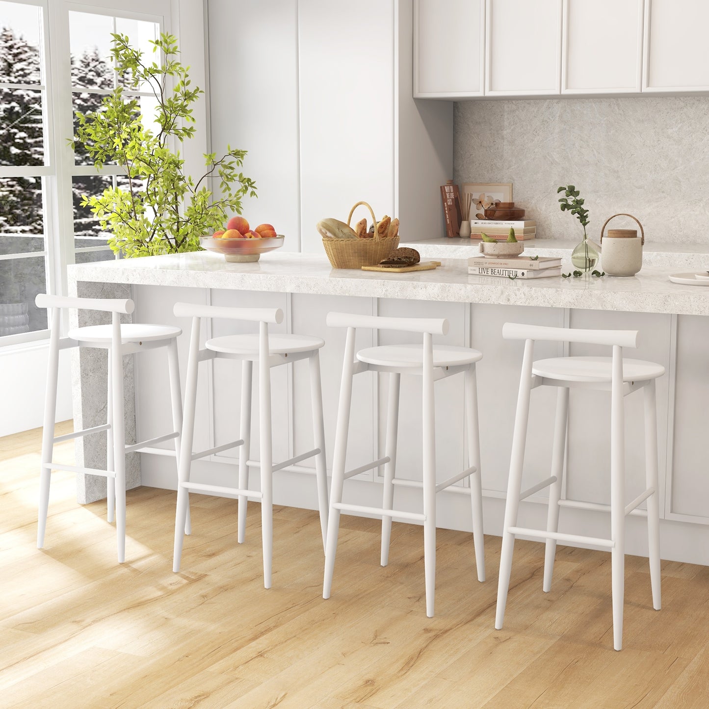 Wooden Bar Chair Set of 2 with Backrest and Footrest for Home Restaurant Cafe-White