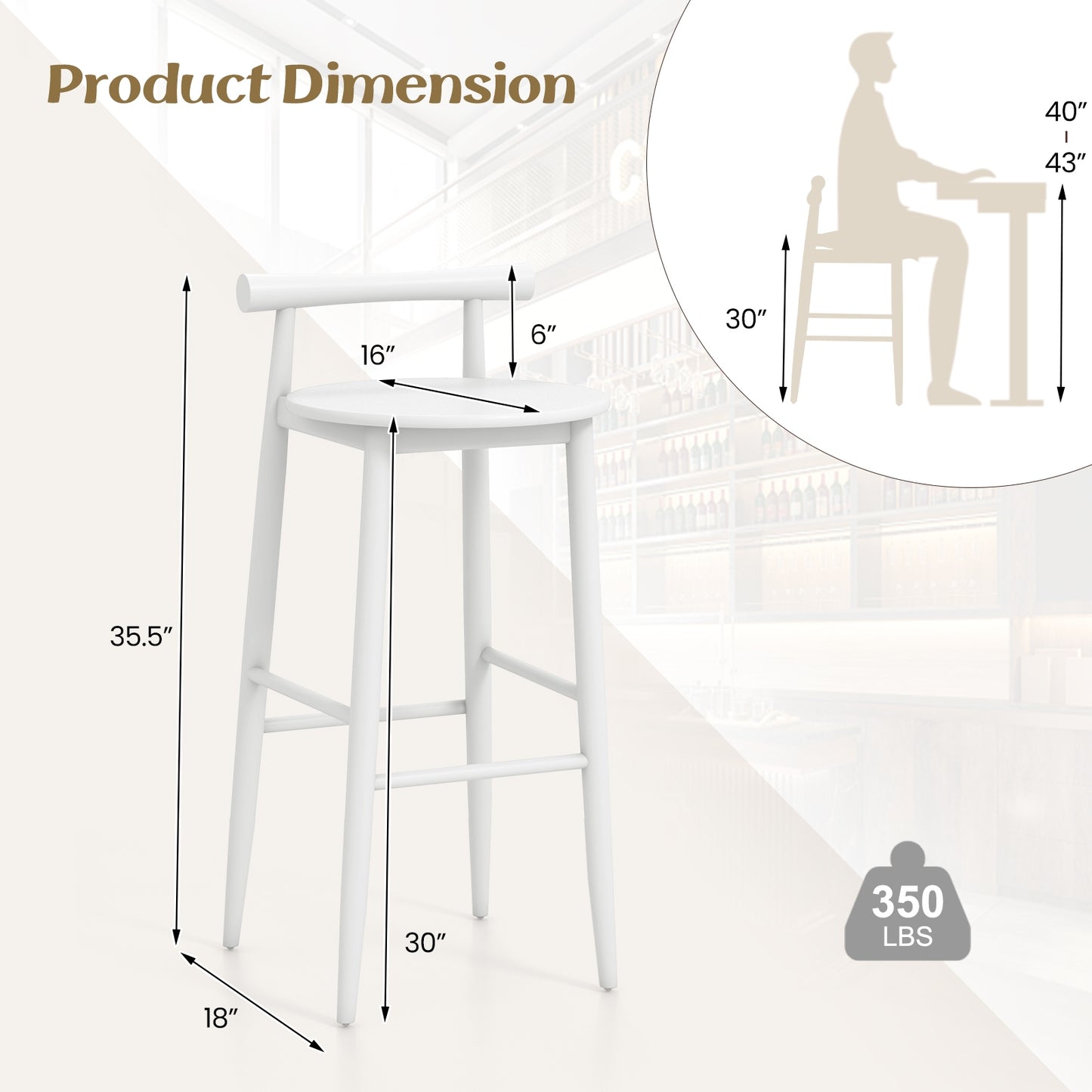 Wooden Bar Chair Set of 2 with Backrest and Footrest for Home Restaurant Cafe-White