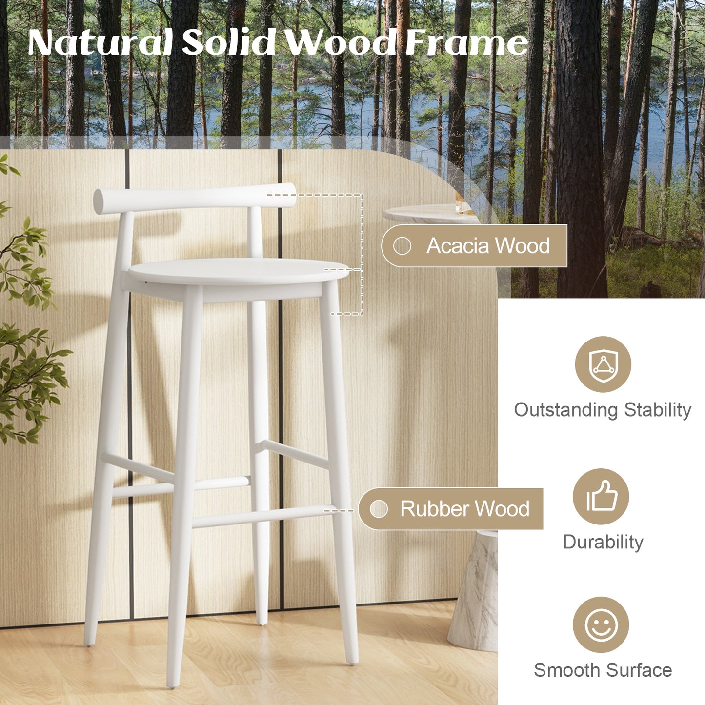 Wooden Bar Chair Set of 2 with Backrest and Footrest for Home Restaurant Cafe-White