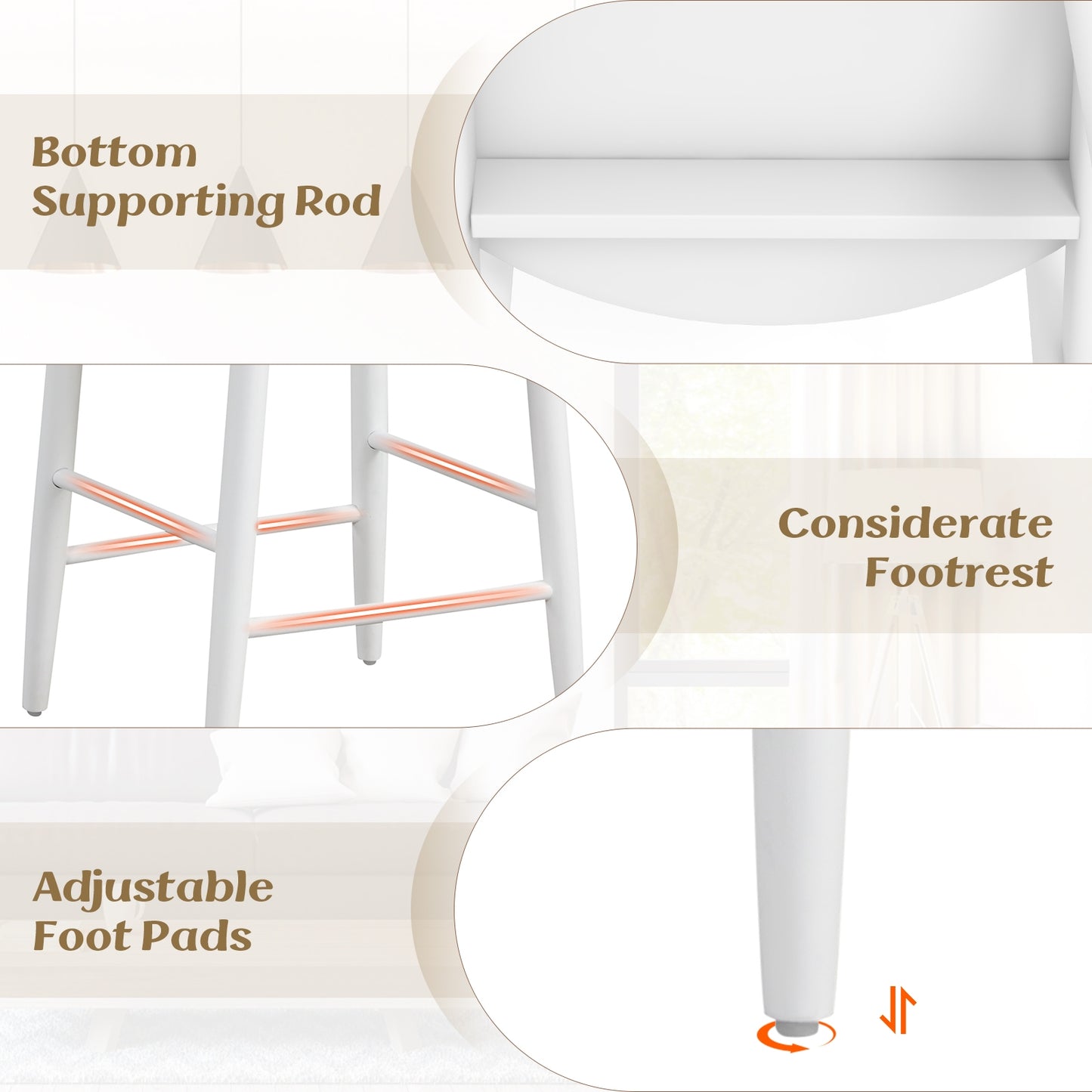 Wooden Bar Chair Set of 2 with Backrest and Footrest for Home Restaurant Cafe-White