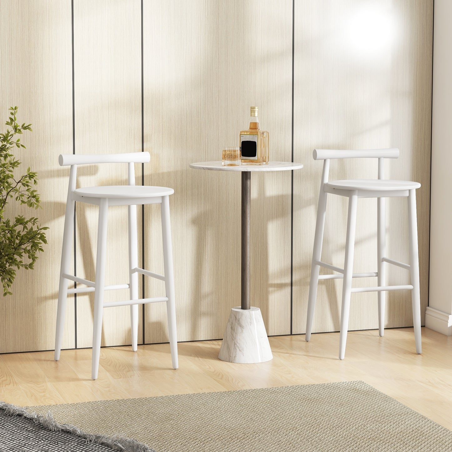 Wooden Bar Chair Set of 2 with Backrest and Footrest for Home Restaurant Cafe-White