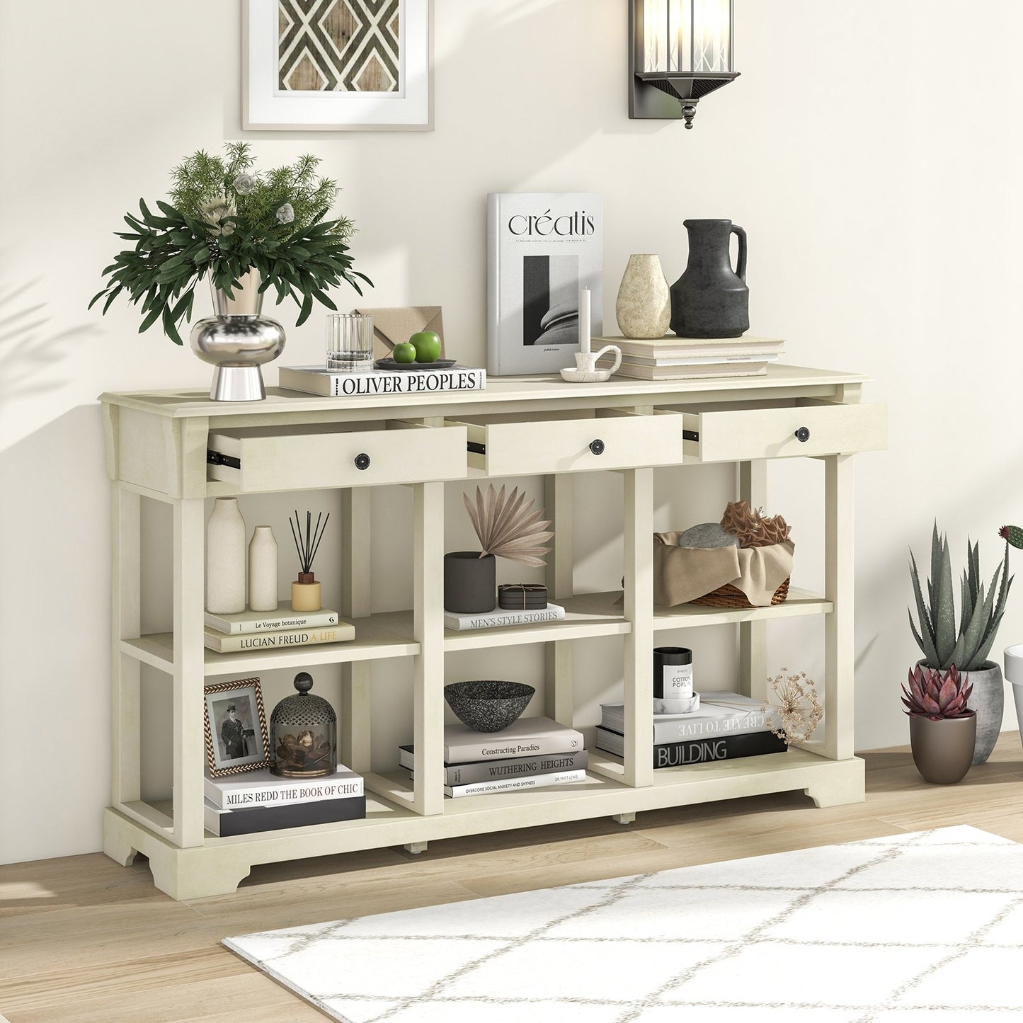 58 Inch Retro Console Table with 3 Drawers and Open Shelves Rectangular Entryway Table-Blue