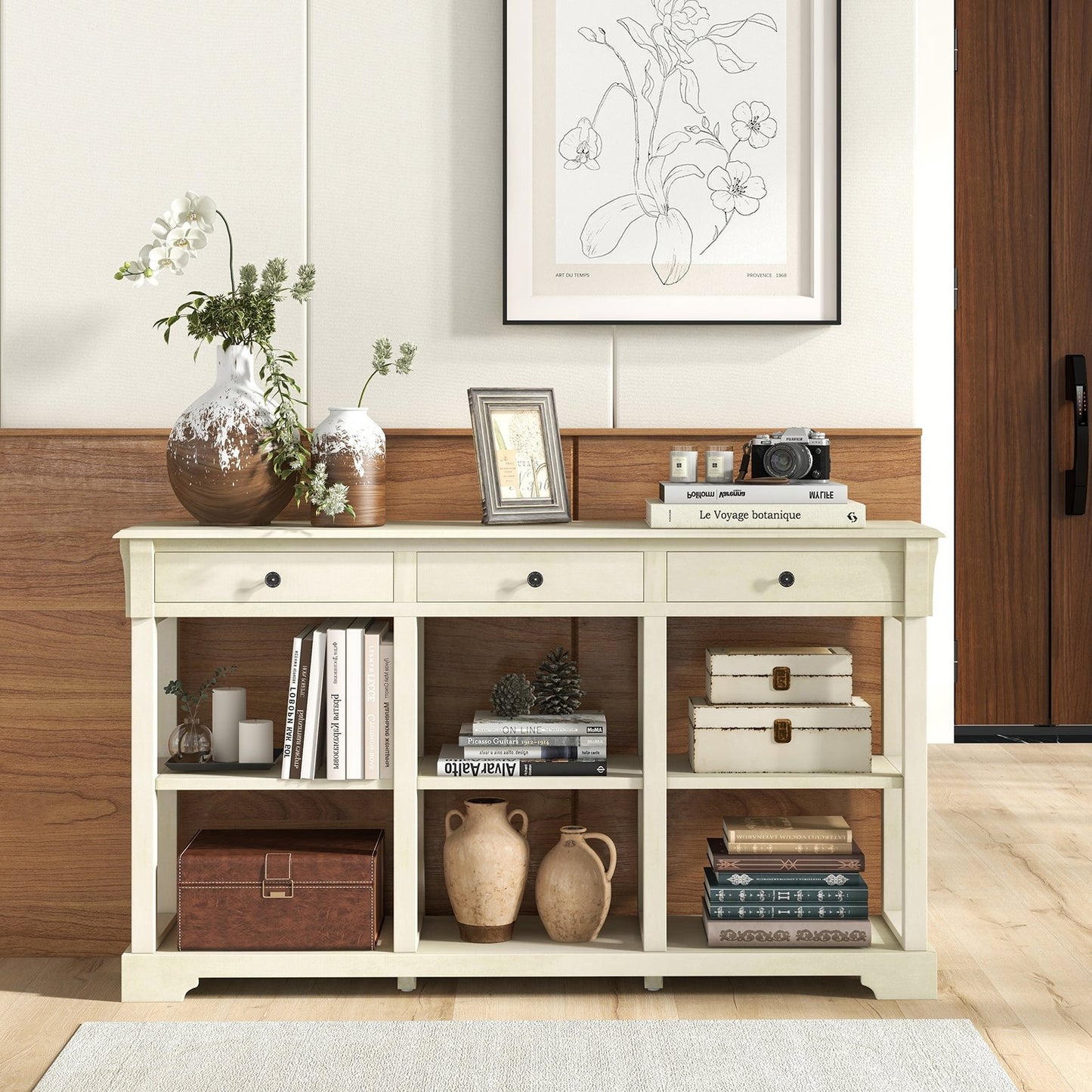 58 Inch Retro Console Table with 3 Drawers and Open Shelves Rectangular Entryway Table-Blue