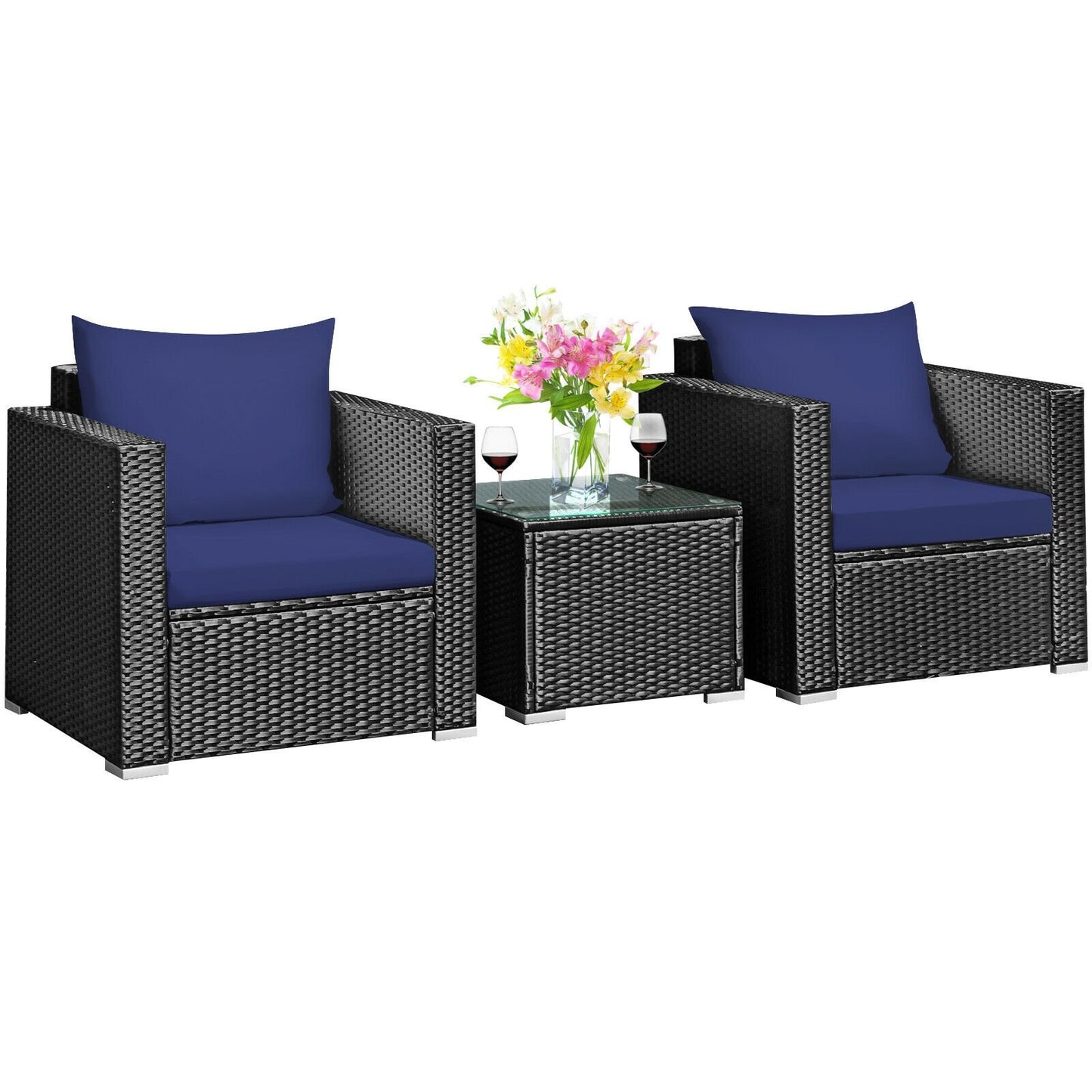 3 Pieces Patio Wicker Conversation Set with Cushion-Black