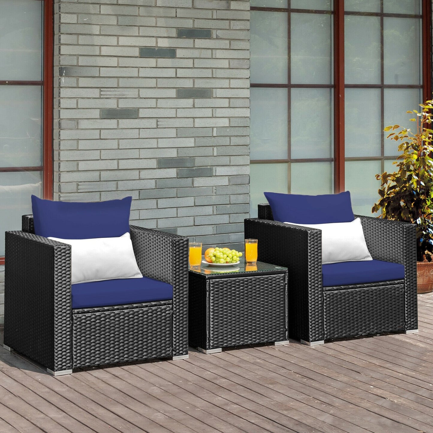 3 Pieces Patio Wicker Conversation Set with Cushion-Black