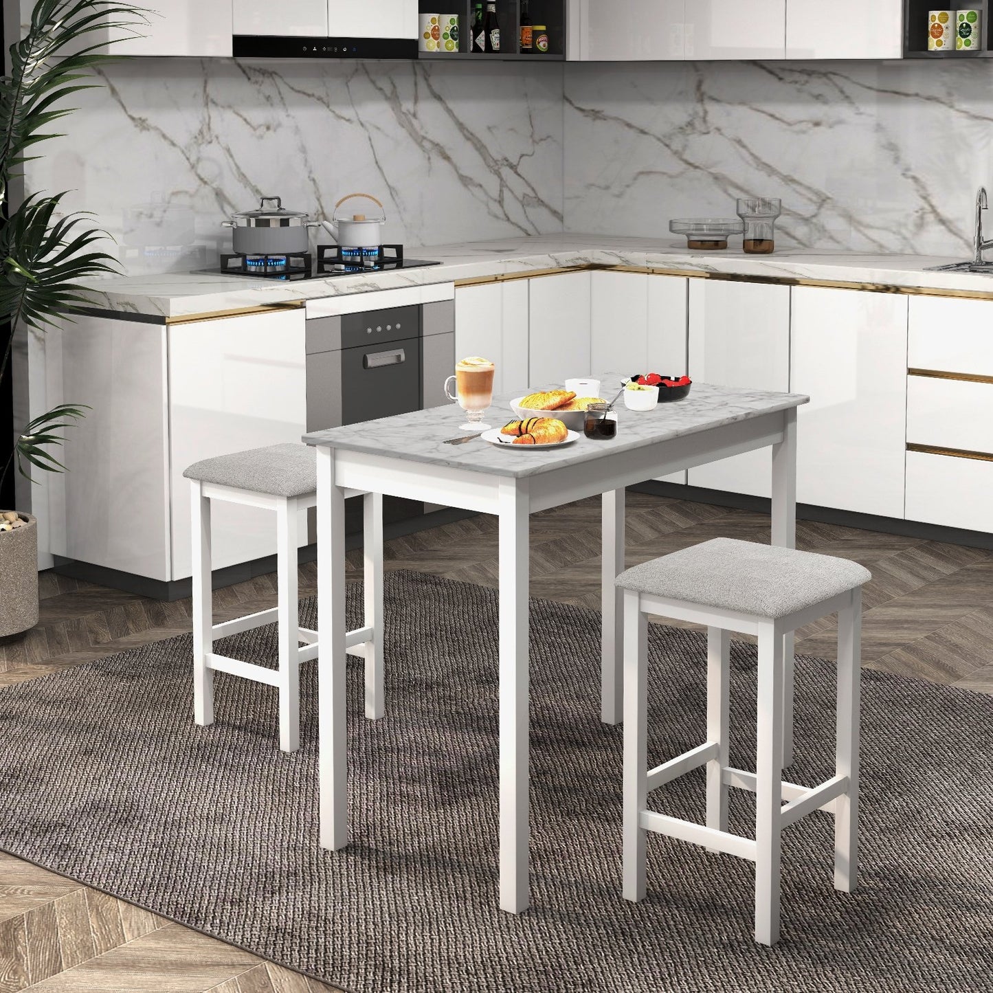 Pub Counter-Height Dining Table and 2 Upholstered Bar Stools-Brown