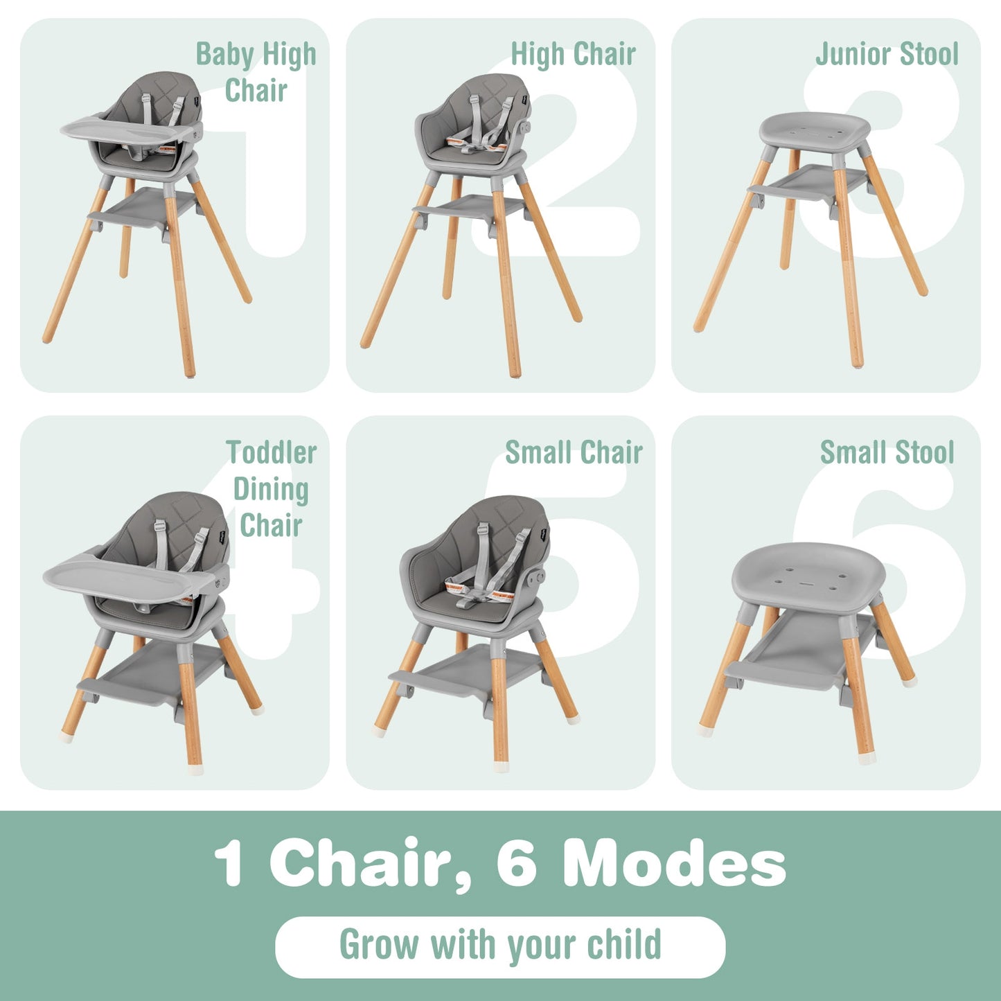 6 in 1 Convertible Highchair with Safety Harness and Removable Tray-Gray
