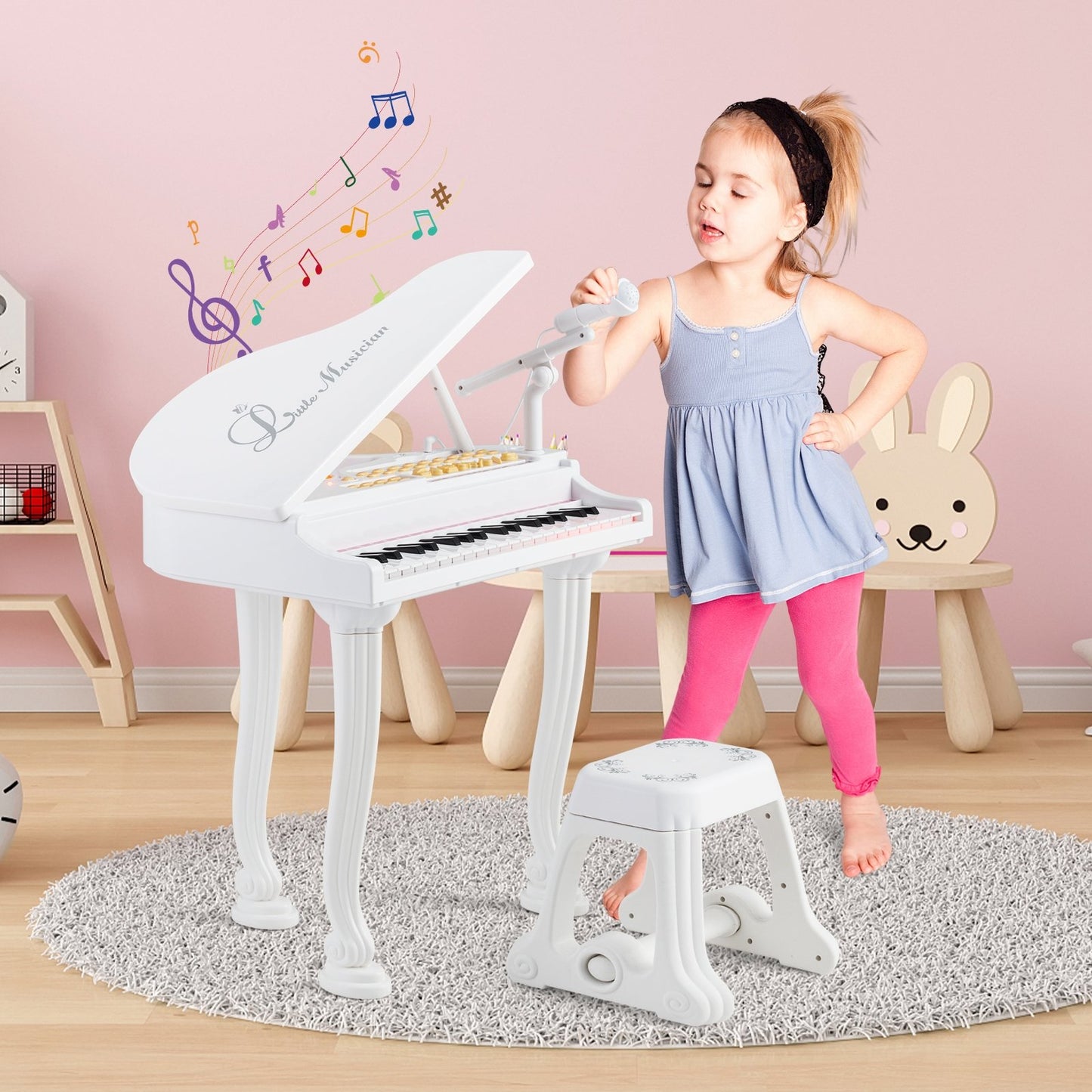 37 Keys Kids Piano Keyboard with Stool and Piano Lid-Black
