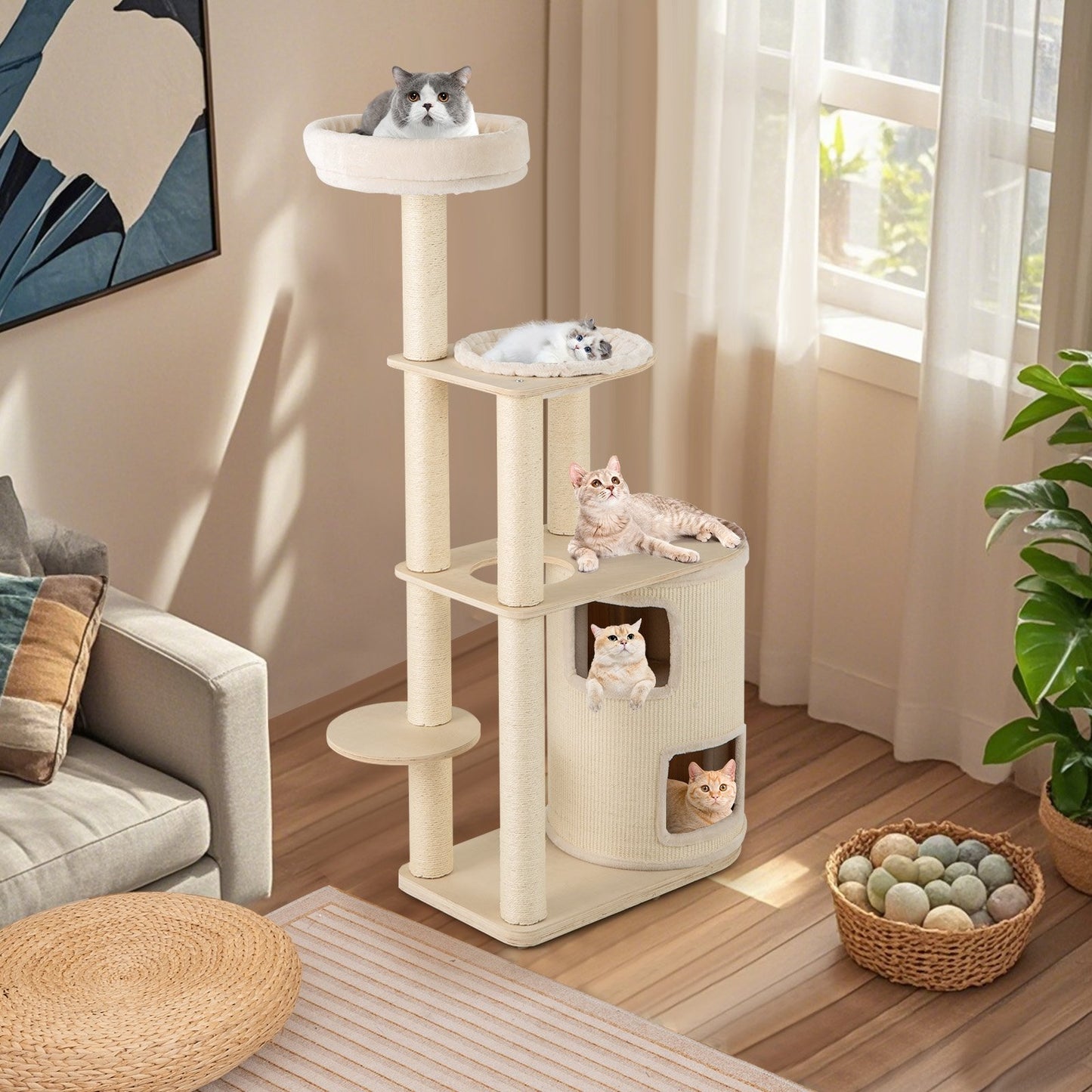 60 Inches Tall Cat Tree with 2-Story Condo and Sisal Scratching Posts-Natural