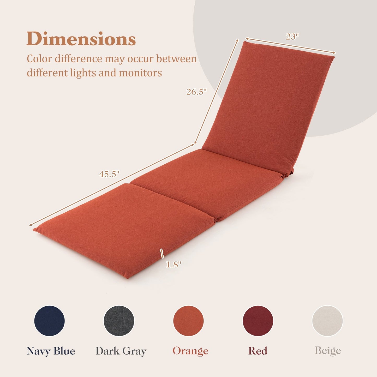 Outdoor Chaise Lounge Cushion Patio Furniture Folding Pad with Fixing Straps-Beige