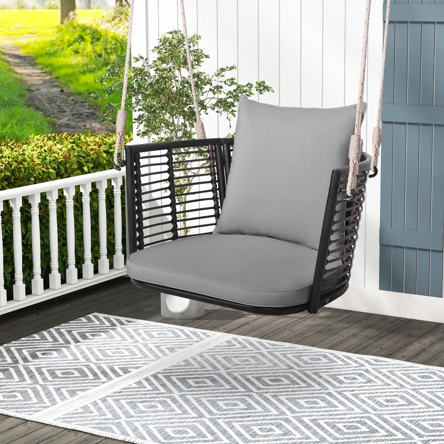 Single Person Hanging Seat with Woven Rattan Backrest for Backyard-Beige