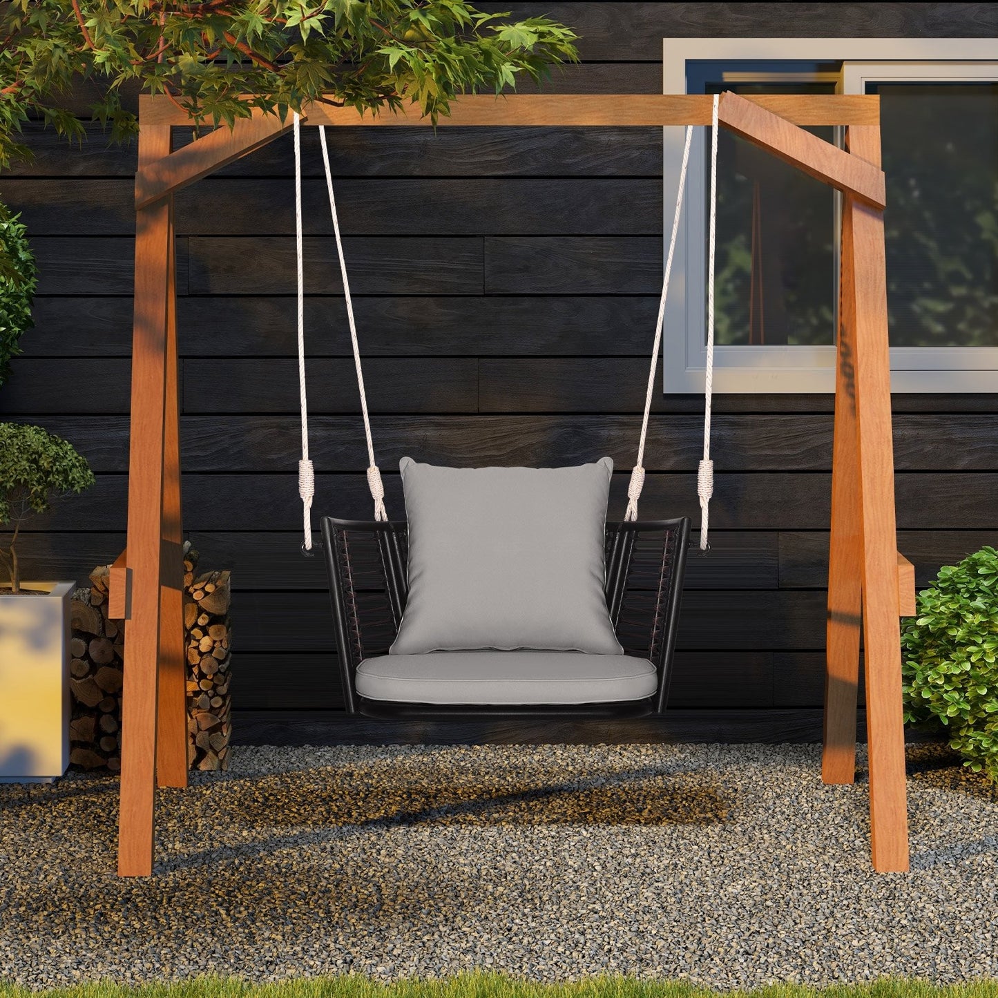 Single Person Hanging Seat with Woven Rattan Backrest for Backyard-Beige