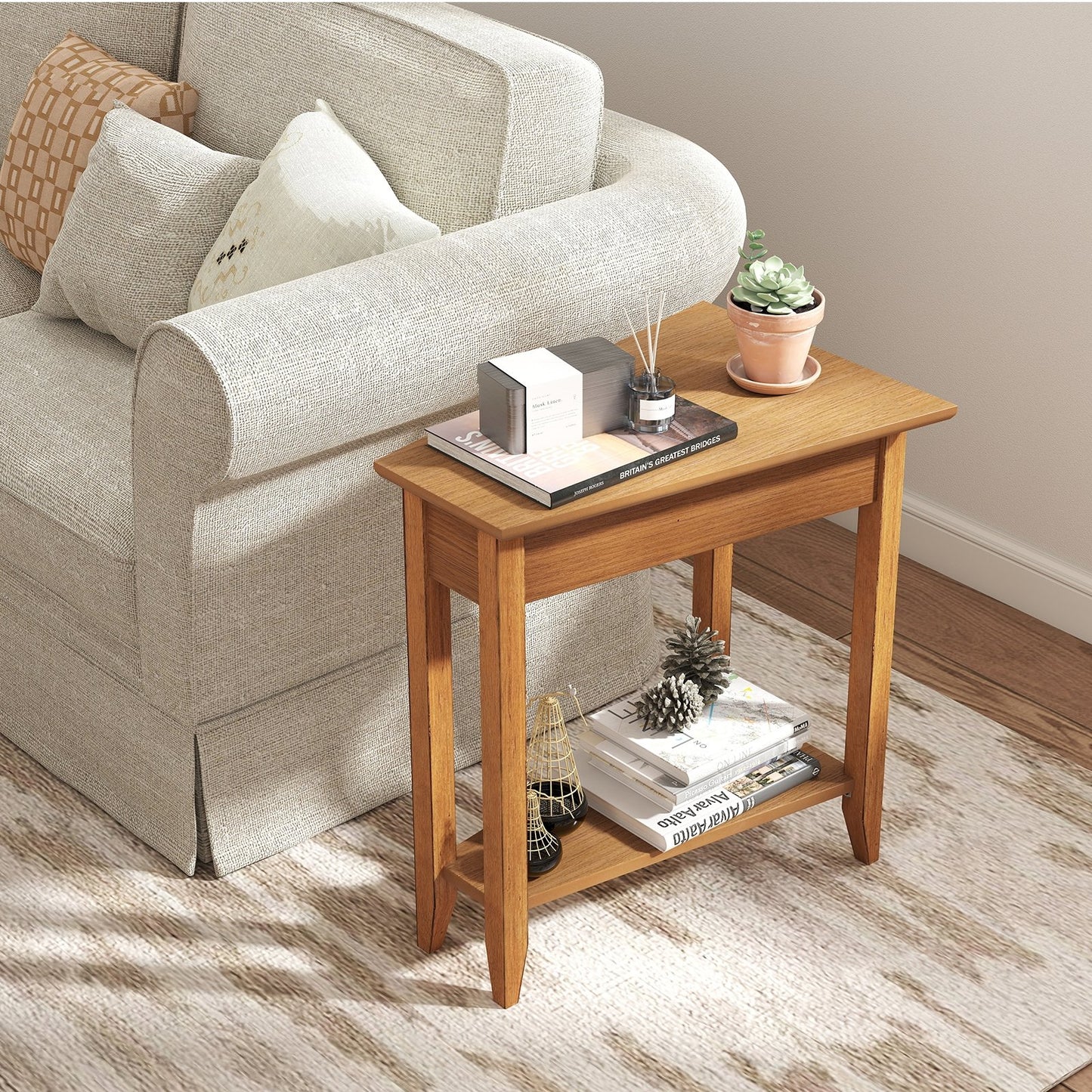 2-Tier Wedge Narrow End Table with Storage Shelf and Solid Wood Legs-Espresso