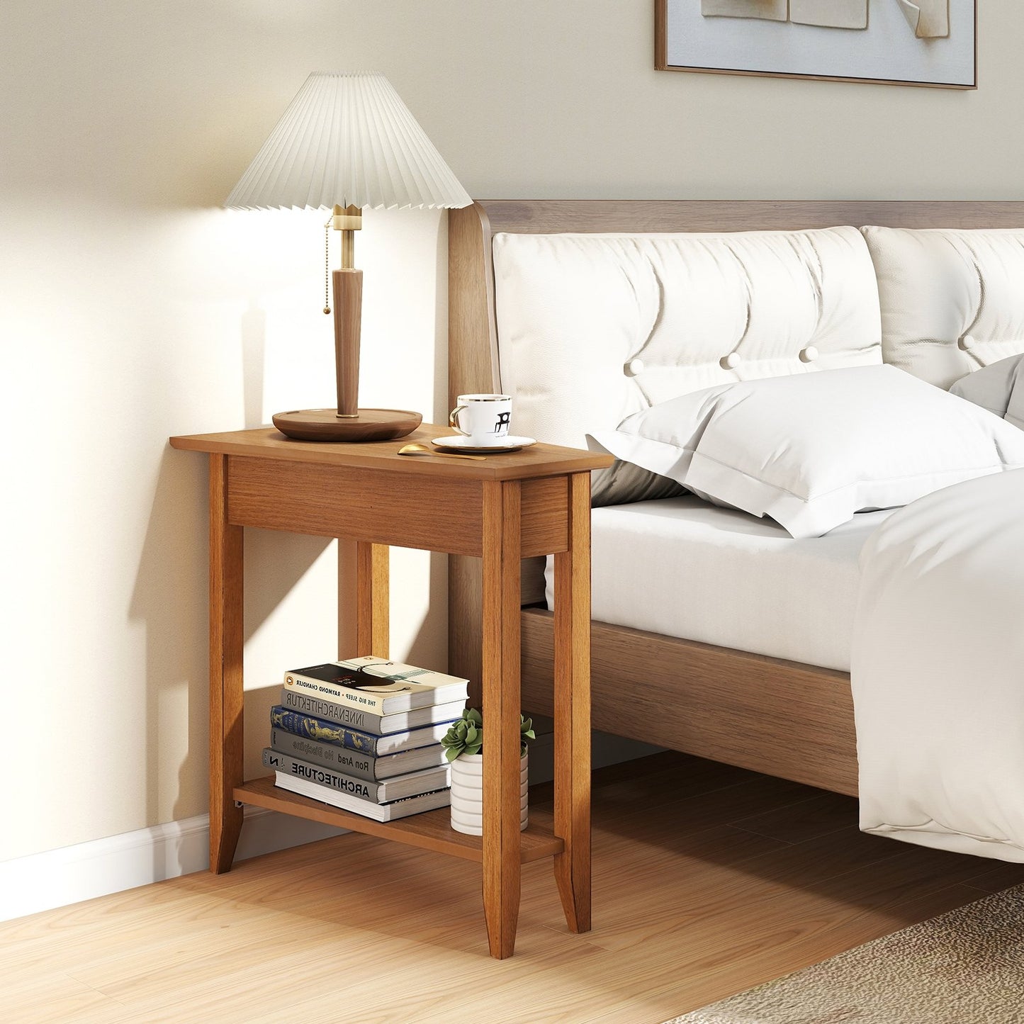 2-Tier Wedge Narrow End Table with Storage Shelf and Solid Wood Legs-Espresso