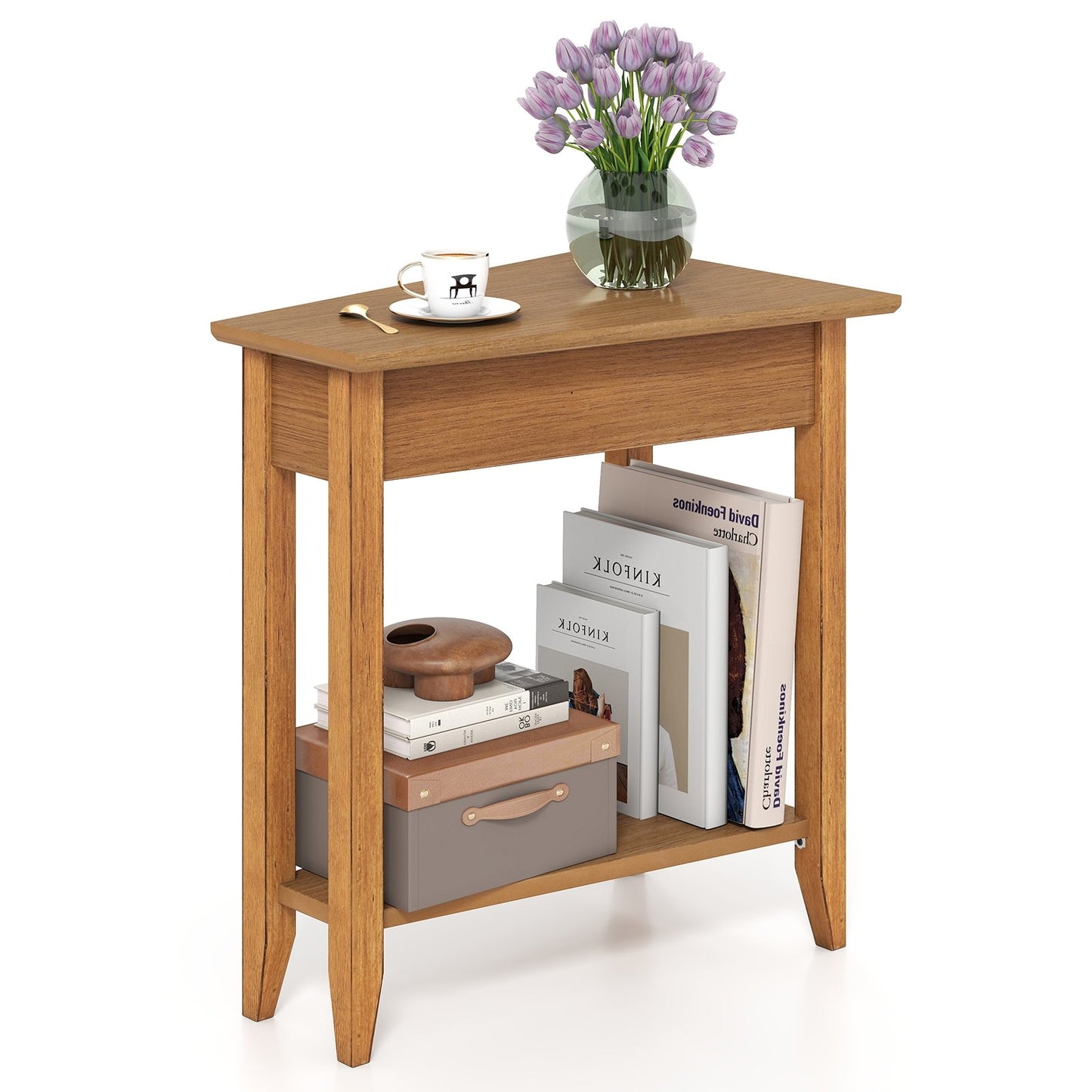 2-Tier Wedge Narrow End Table with Storage Shelf and Solid Wood Legs-Espresso